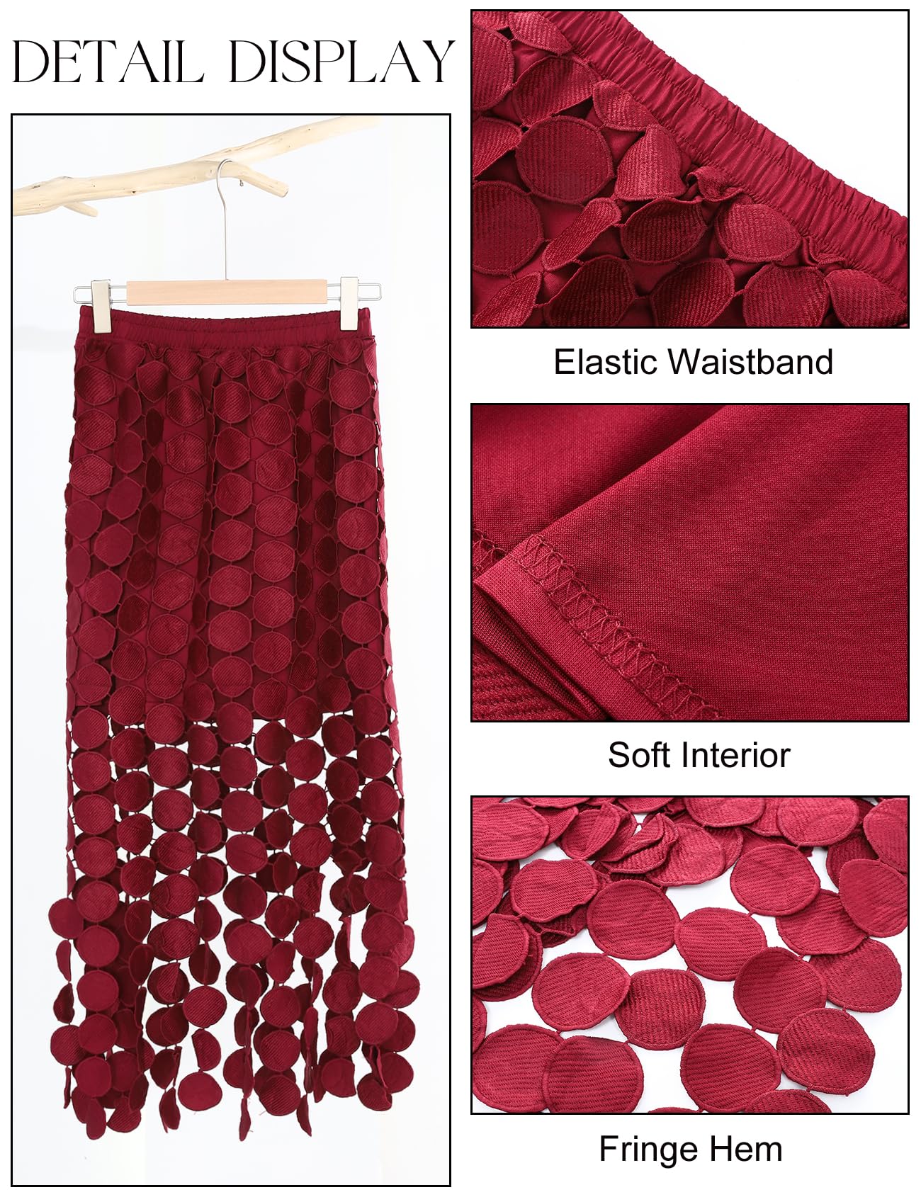 Kissonic Langer Damen-Maxirock mit Fransen, Sommer, hohl, Boho, elastisch, hohe Taille