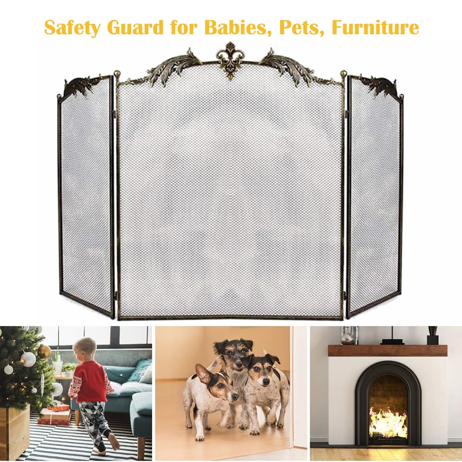 GTPBAO Salvachispas Chimenea Repisa De Chimenea Moderna Bronce Dorado, 128×82cm, Hierro Forjado Protector De Chimenea para Carbón/leña, Antiescaldaduras