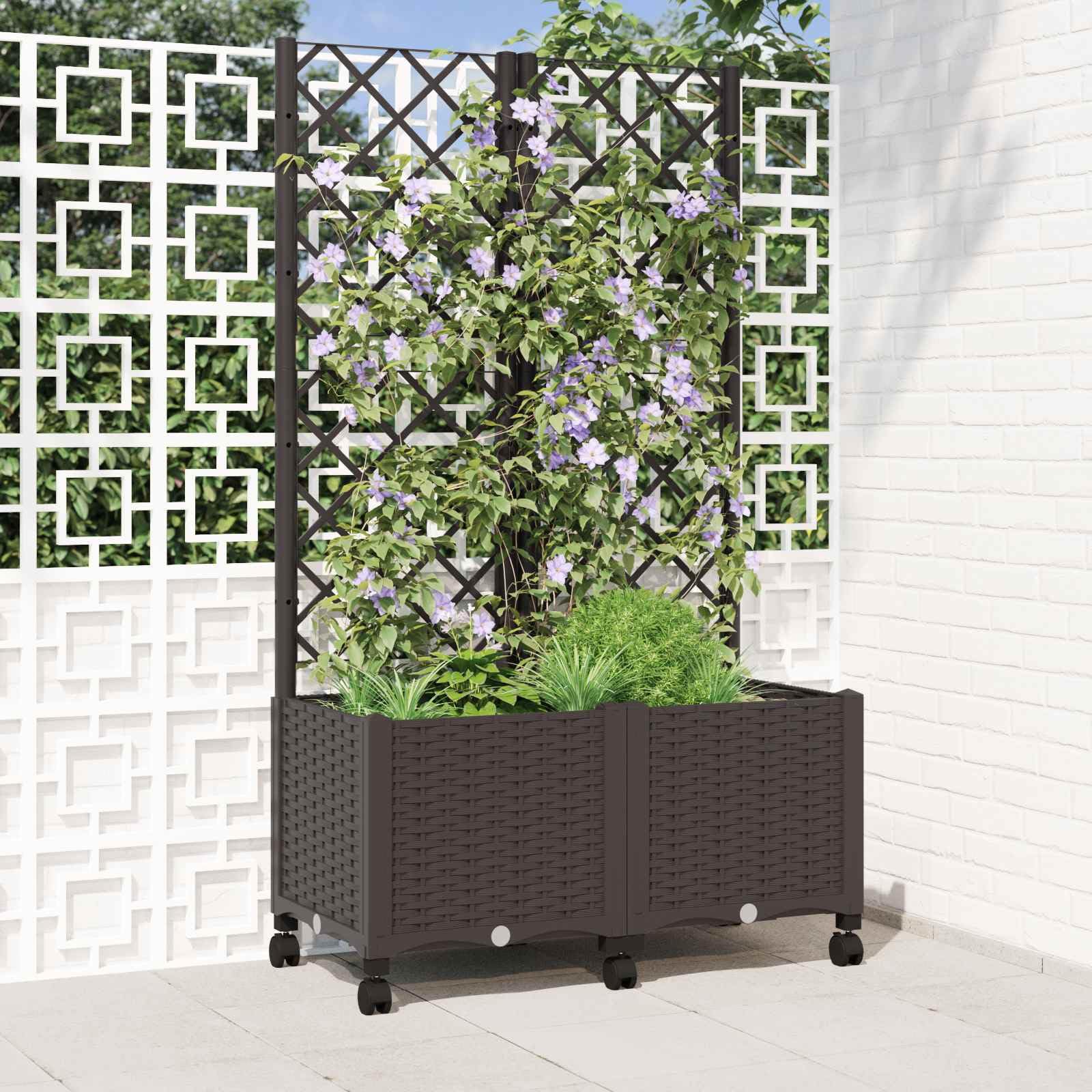 Pflanzkübel mit Spalier und Rollen, fahrbares Hochbeet mit Rankgitter aus PP, Blumenkasten für Kletterpflanzen auf Terrasse und Balkon, Braun, 80 x 40 x 146 cm