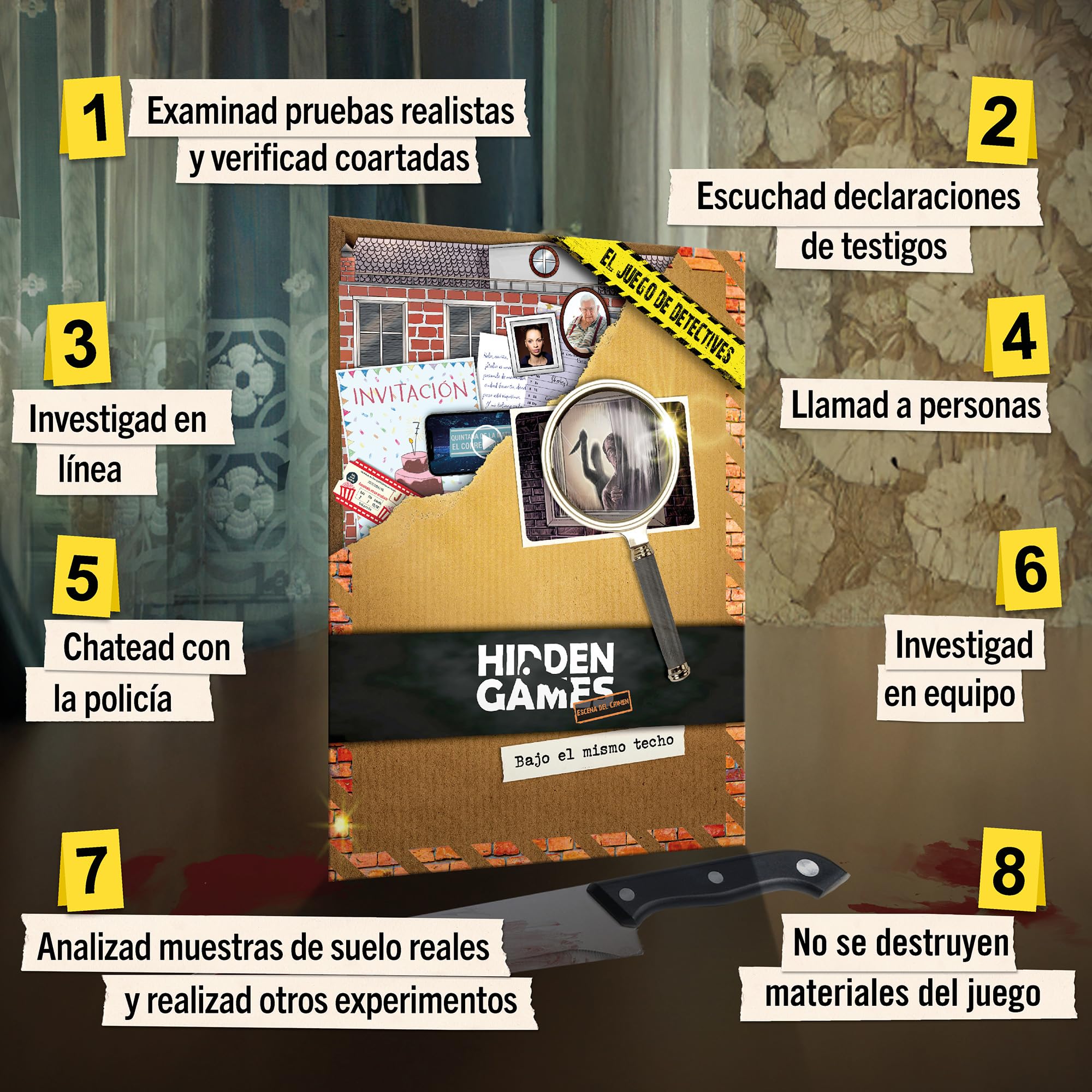 Hidden Games Escena del Crimen: Bajo el Mismo Techo, crimenes imperfectos, Exit Juego de Mesa de Misterio y Detectives cooperativo en prisión, 1-6 Jugadores, a Partir de 14 años, en español.