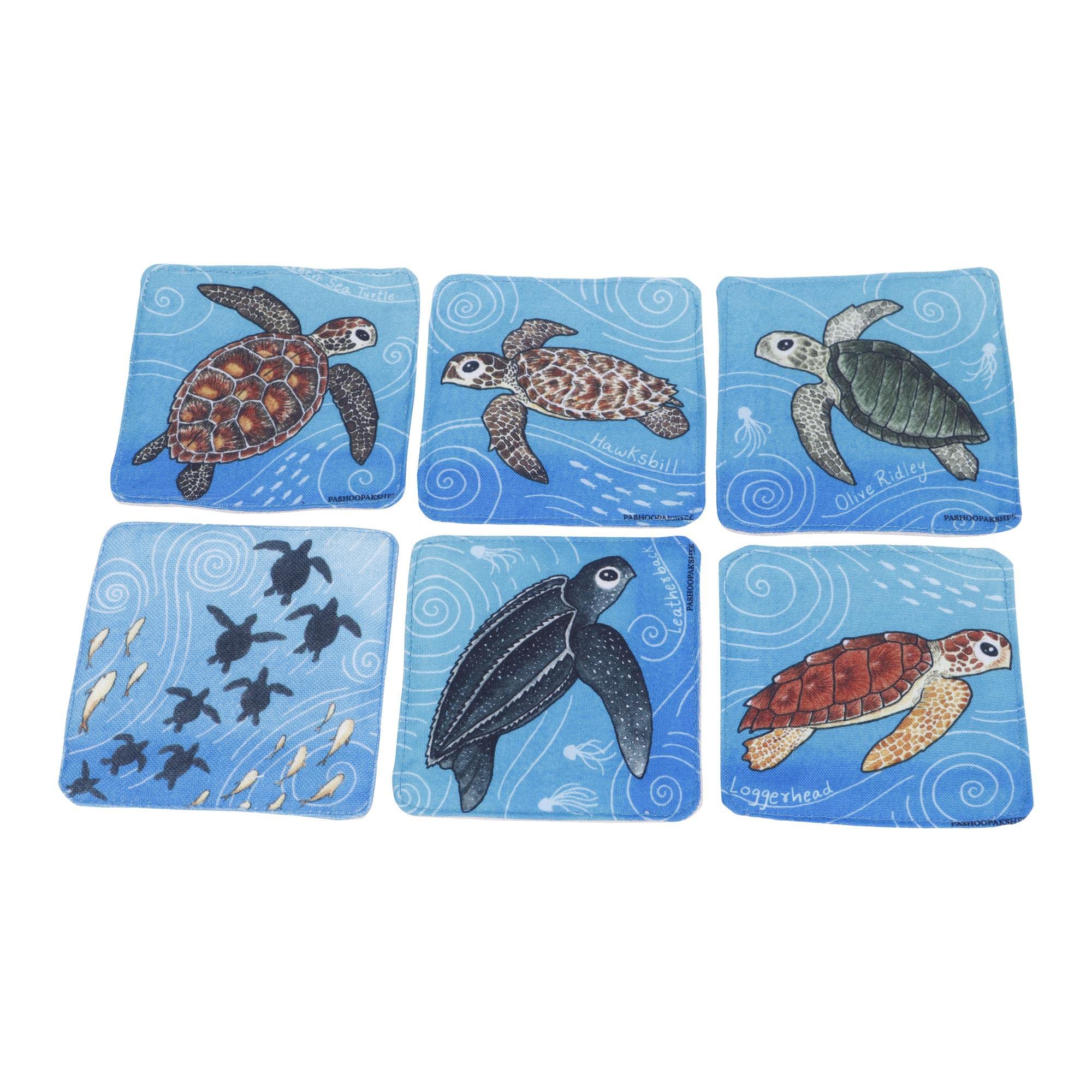 PashooPakshee Handmade Fabric Indian Sea Turtles Fabric Coaster, 6-Piece, 10 cm x 10 cm x 0.2 cm, Blue