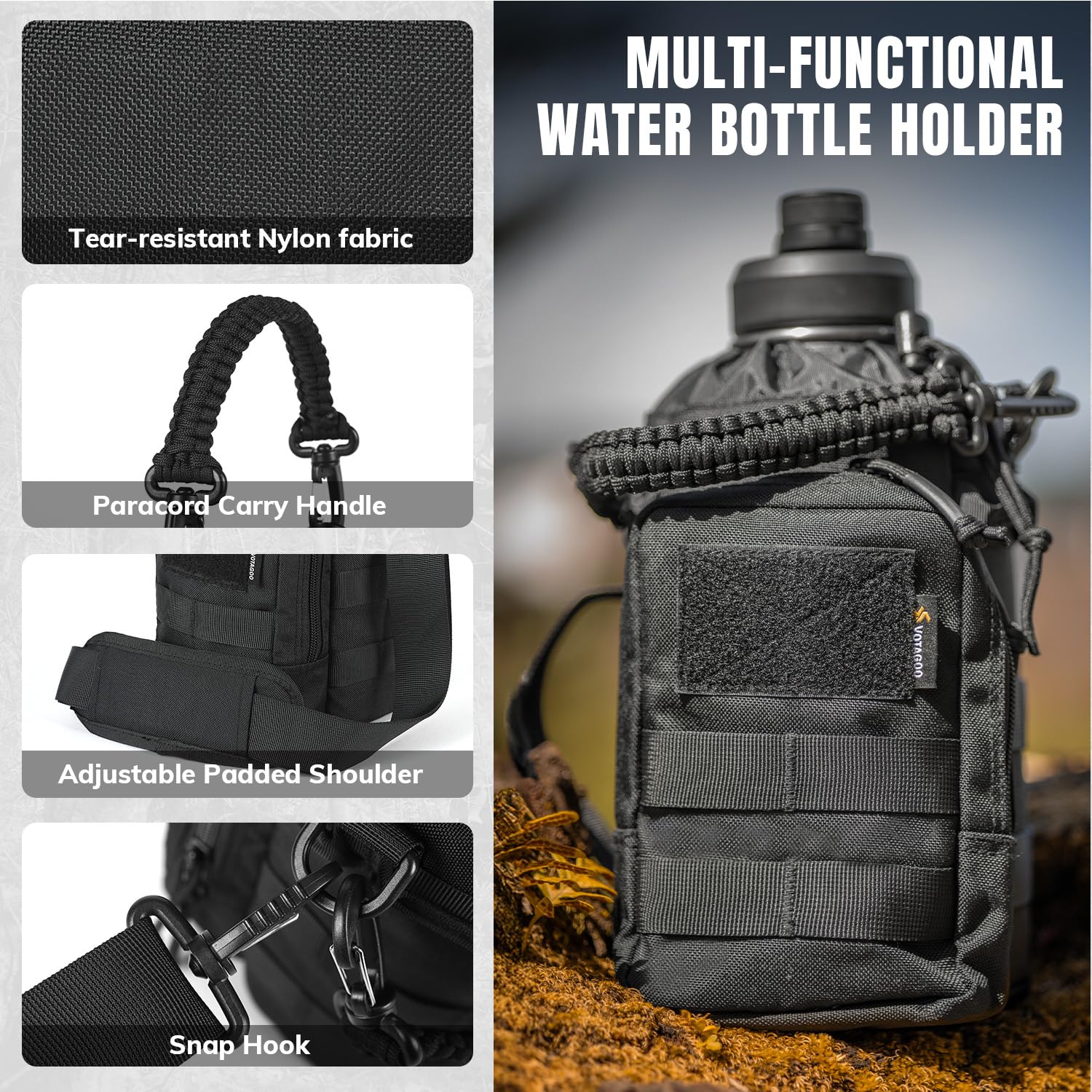 VOTAGOO Taktische Wasserflasche, 1,8 l – Isolierte Wasserflasche aus Edelstahl, Militärflasche aus Metall mit robuster, abnehmbarer Hülle, taktische Tragetasche für Wandern, Camping, Jagd