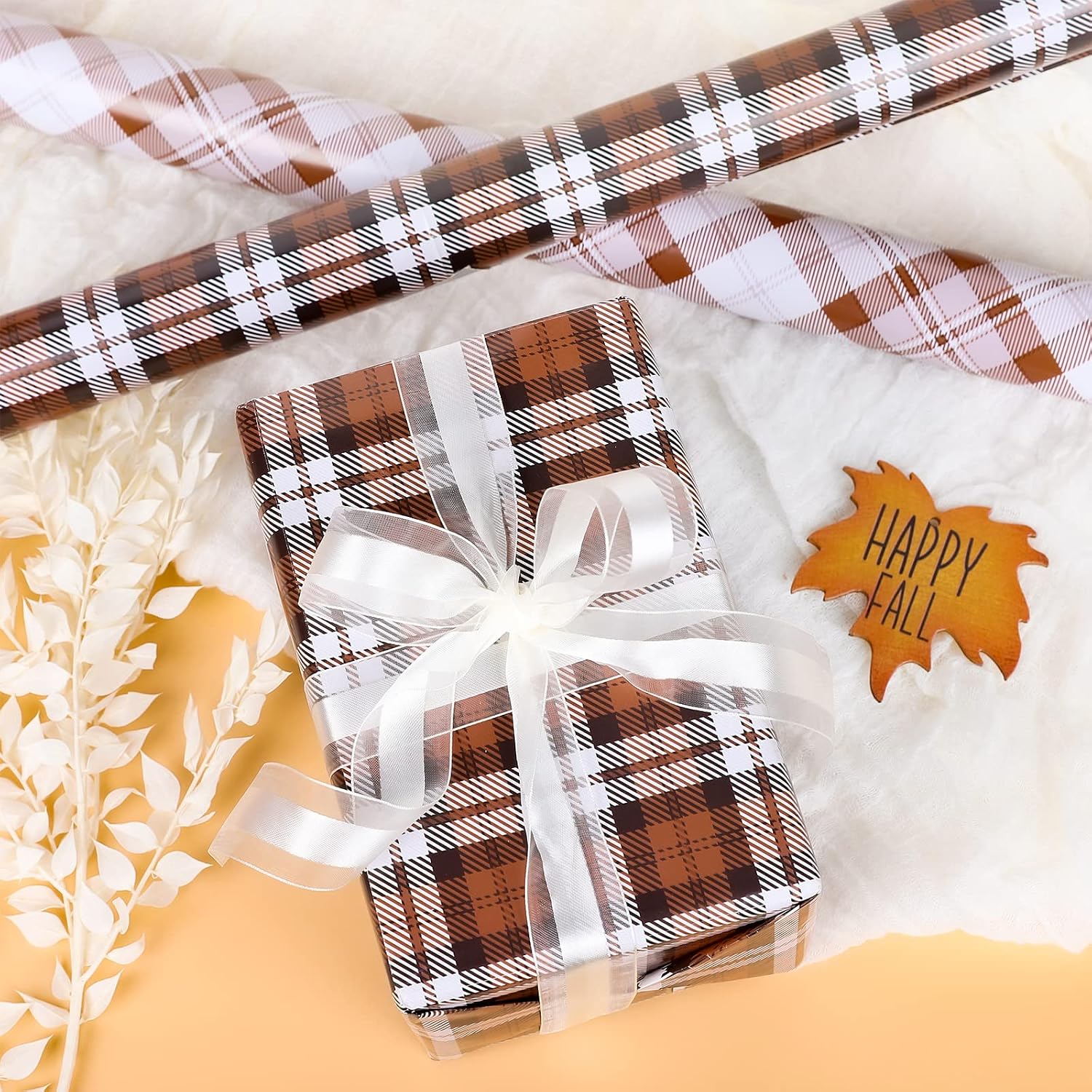 Whaline 12 Sheet Fall Gift Wrapping Paper 6 Design Orange Buffalo Plaids Printed Wrapping Sheet Autumn Theme Decorative Art DIY Craft Paper for Fall Celebration Gift Packing, 19.7 x 27.6 Inch image 5