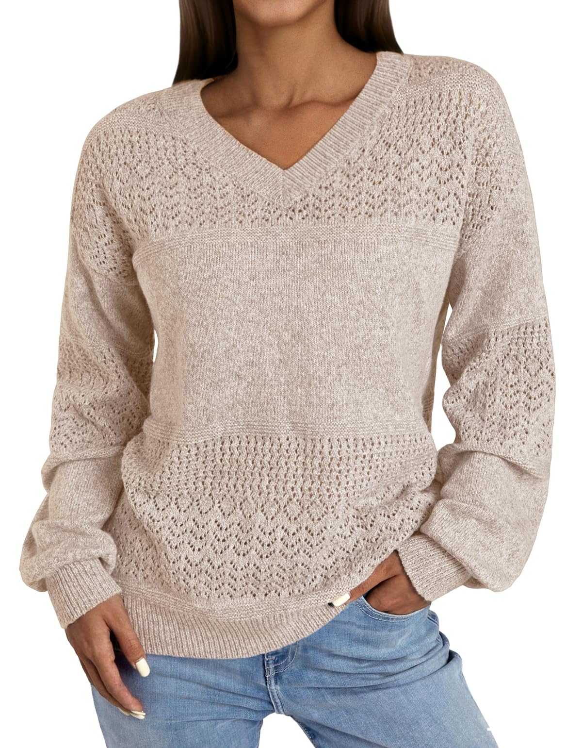 NORACORA Womens V Neck Sweaters Crochet Soft Lightweight Knit Loose Pullover Sweater Long Sleeve Fall Top 2025 Outfits