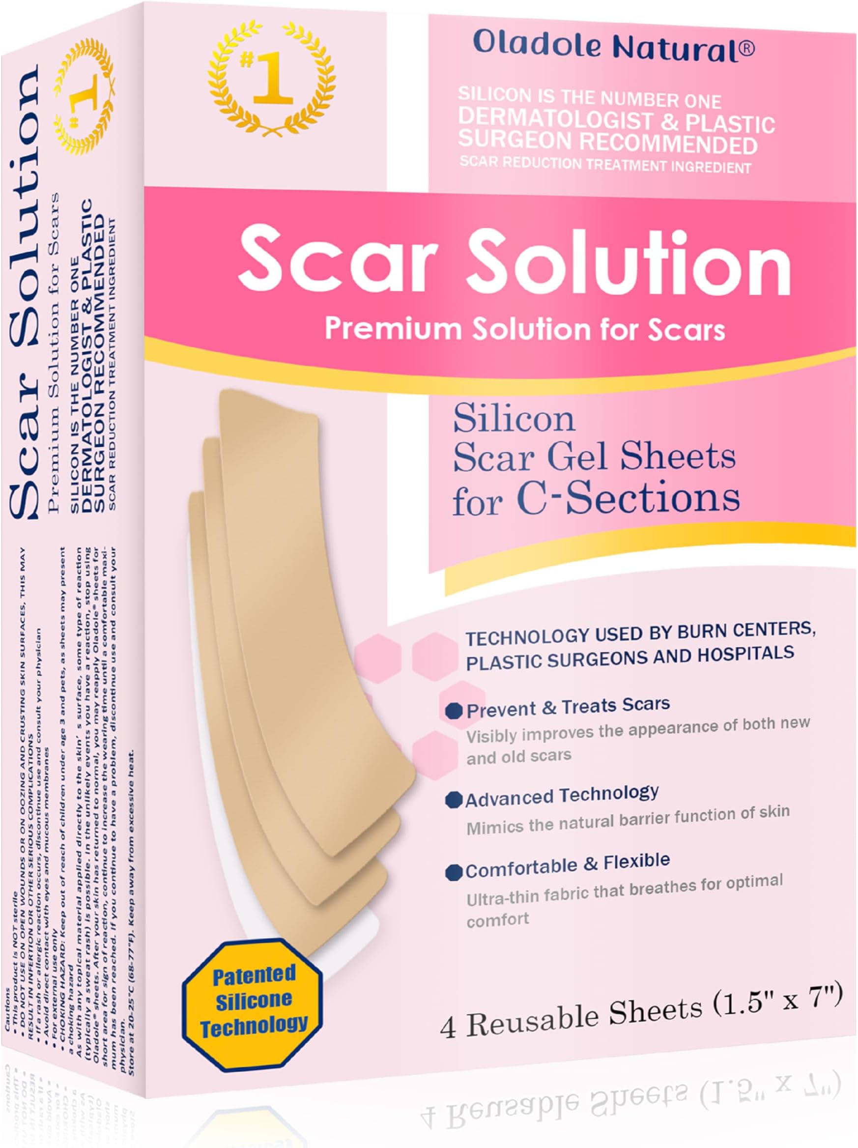 Oladole Natural Silicone Scar Sheets Solution- 4 Reusable Sheets (1.5” x 7”) | Advanced Scar Healing For Optimal Skin Recovery, Reduce Scarring, Improve Texture | Scar Gel Sheets For C- Sections