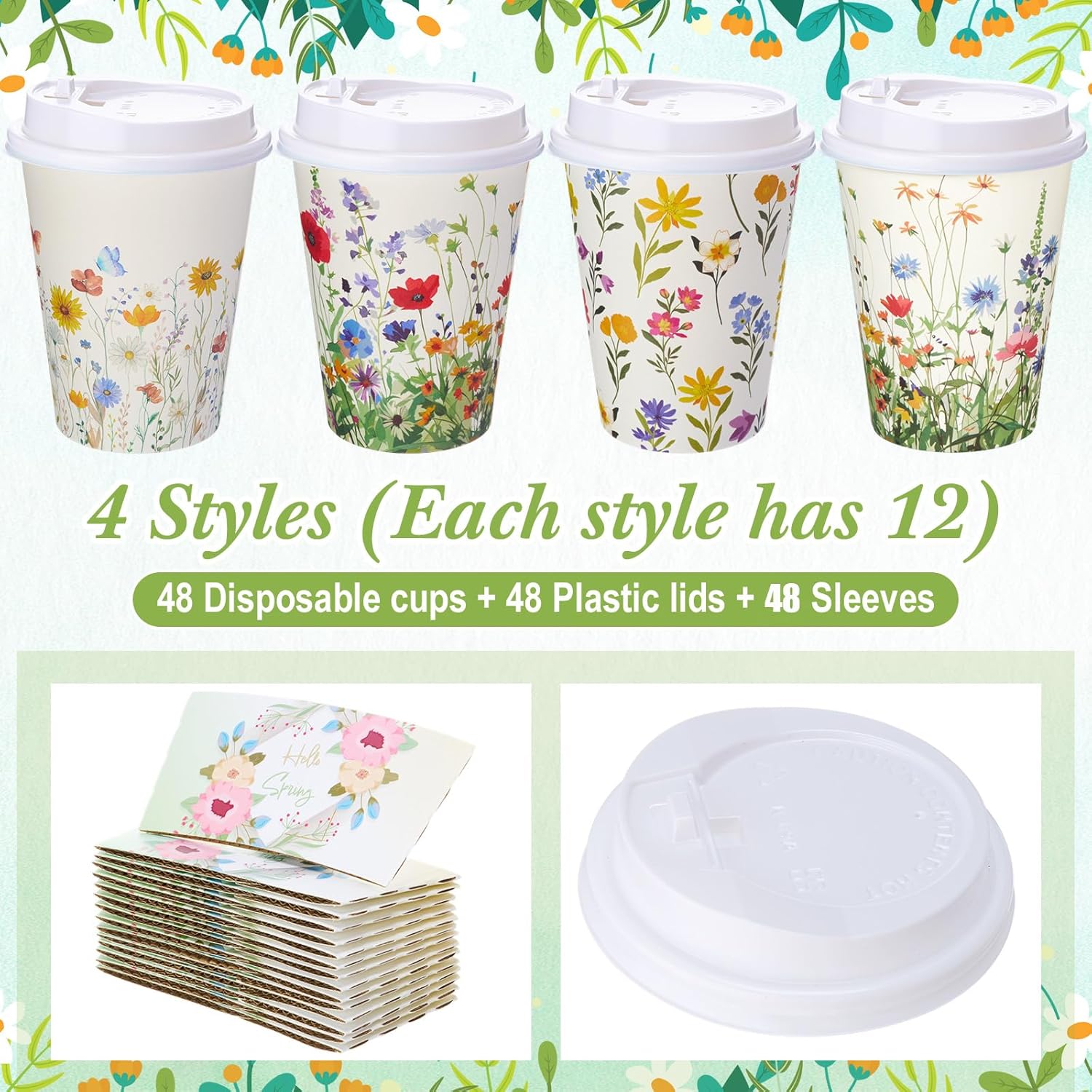 LemonRoad 48 Sets 12 oz Wildflower Paper Disposable Coffee Cups with Lid, Sleeves, 4 Color Spring Cute Flower Designs Cups Party Supplies for Tea Hot Drink Cold Beverage Cocoa(Wild Flower)