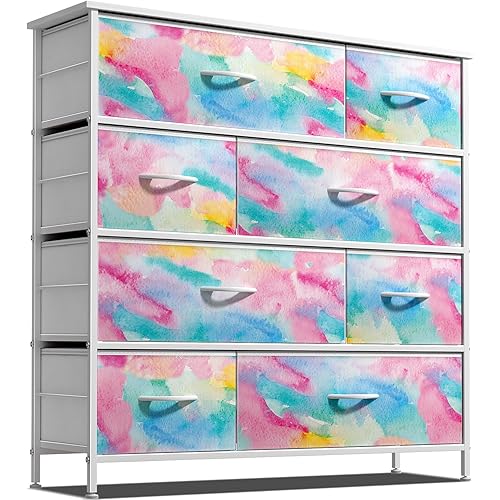 Sorbus Dresser with 8 Drawers - Furniture Storage Chest for Kid’s, Teens, Bedroom, Nursery, Playroom, Clothes, Toys - Steel Frame, Wood Top, Fabric Bins (Tie-dye)