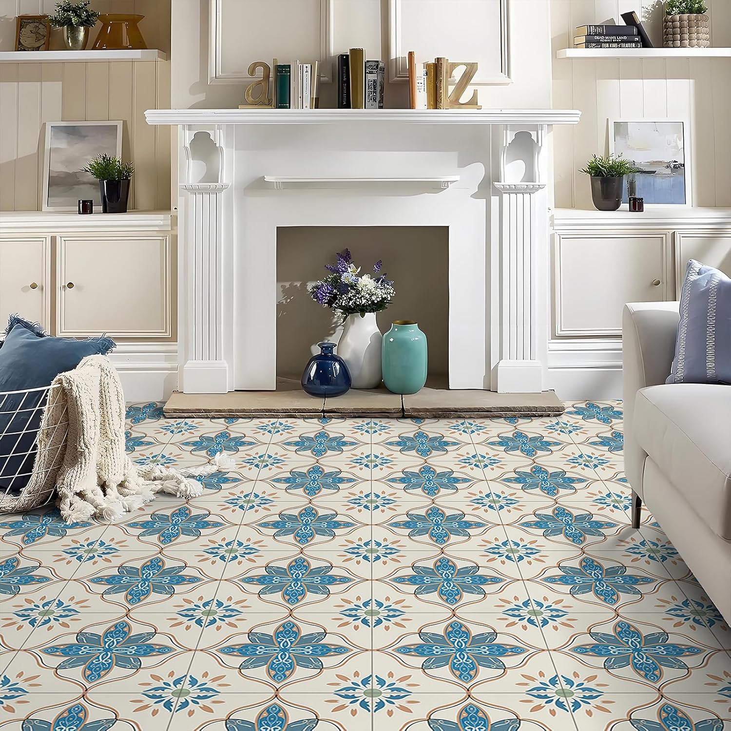 Alow Peel and Stick Floor Tile, Vinyl Flooring Waterproof, Peel and Stick Flooring Easy to Install Self Adhesive for Bathroom, Bedroom, Kitchen, 10pcs Blue and 10pcs Green