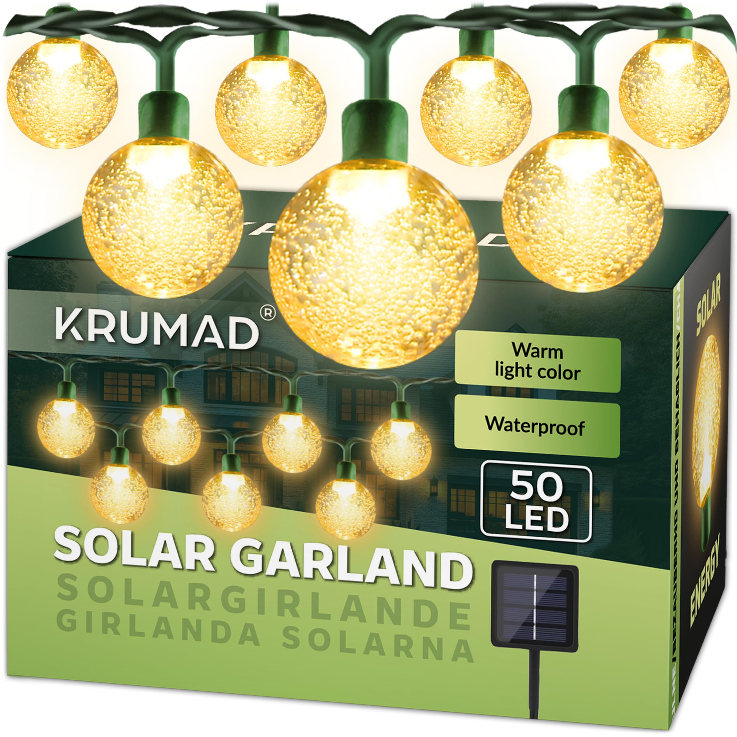 KRUMAD Solar Lights for Outdoors, 50 LED Decorative Lights, 7 Metres, Weatherproof, IP65, Battery Bulb, Garden Decoration and Patio, Solar Lights for Outdoor Use with Automatic Sensor