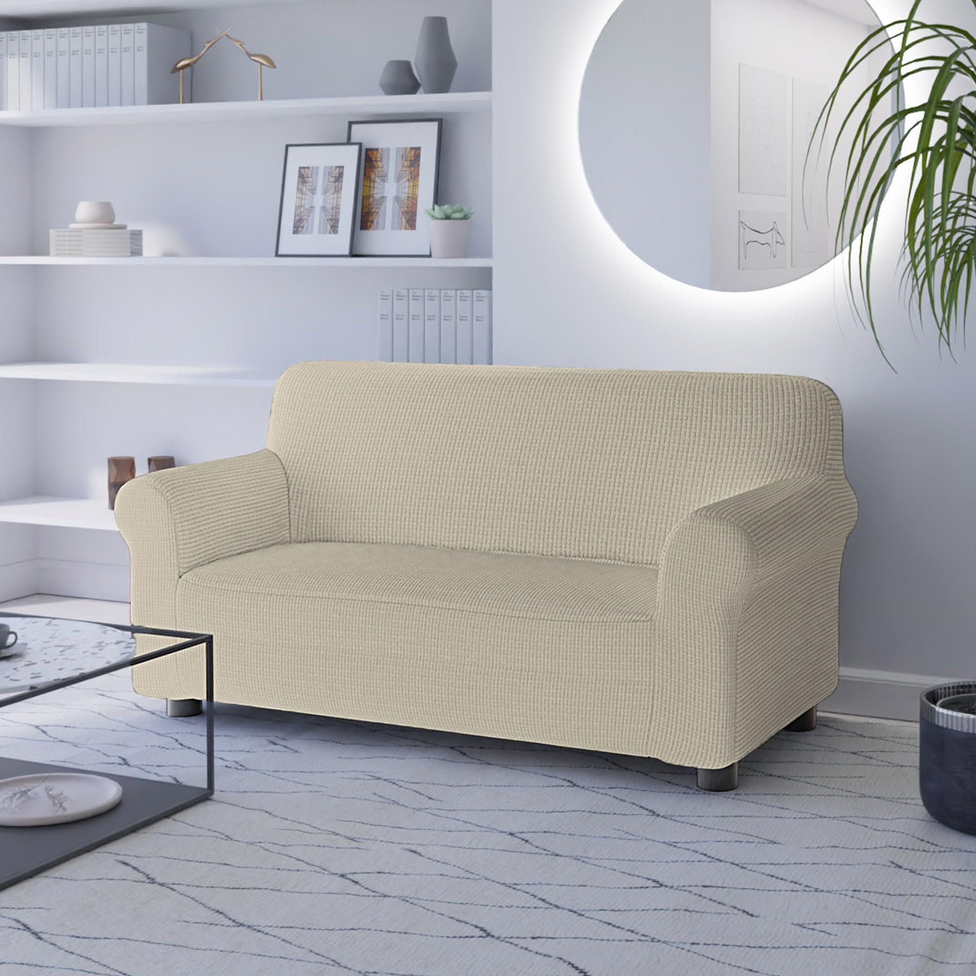 Italian Bed Linen LESLIE Elastic and Extendable Sofa Cover, Cream 2 Seater