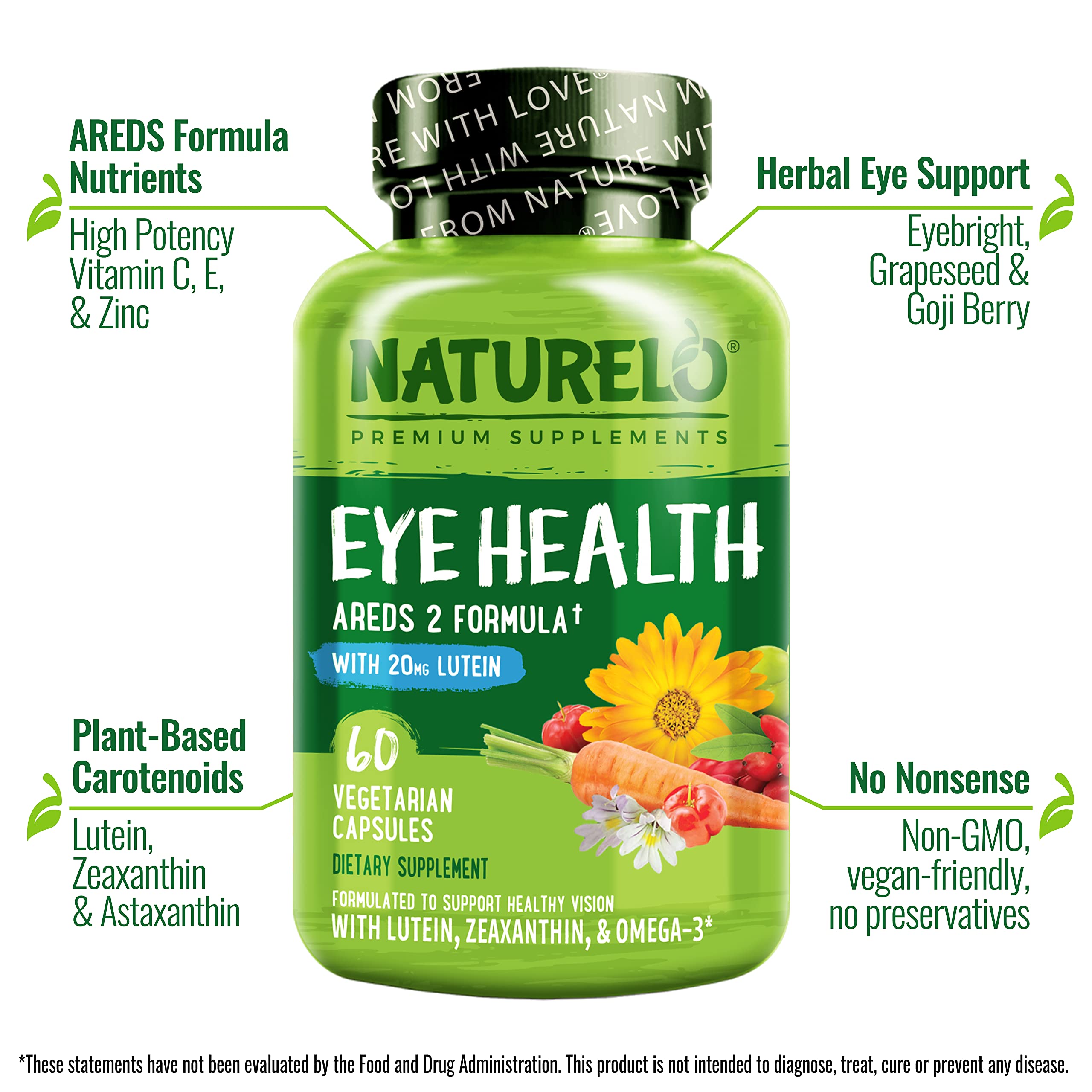 NATURELO Eye Vitamins AREDS 2 Formula with Lutein, Zeaxanthin