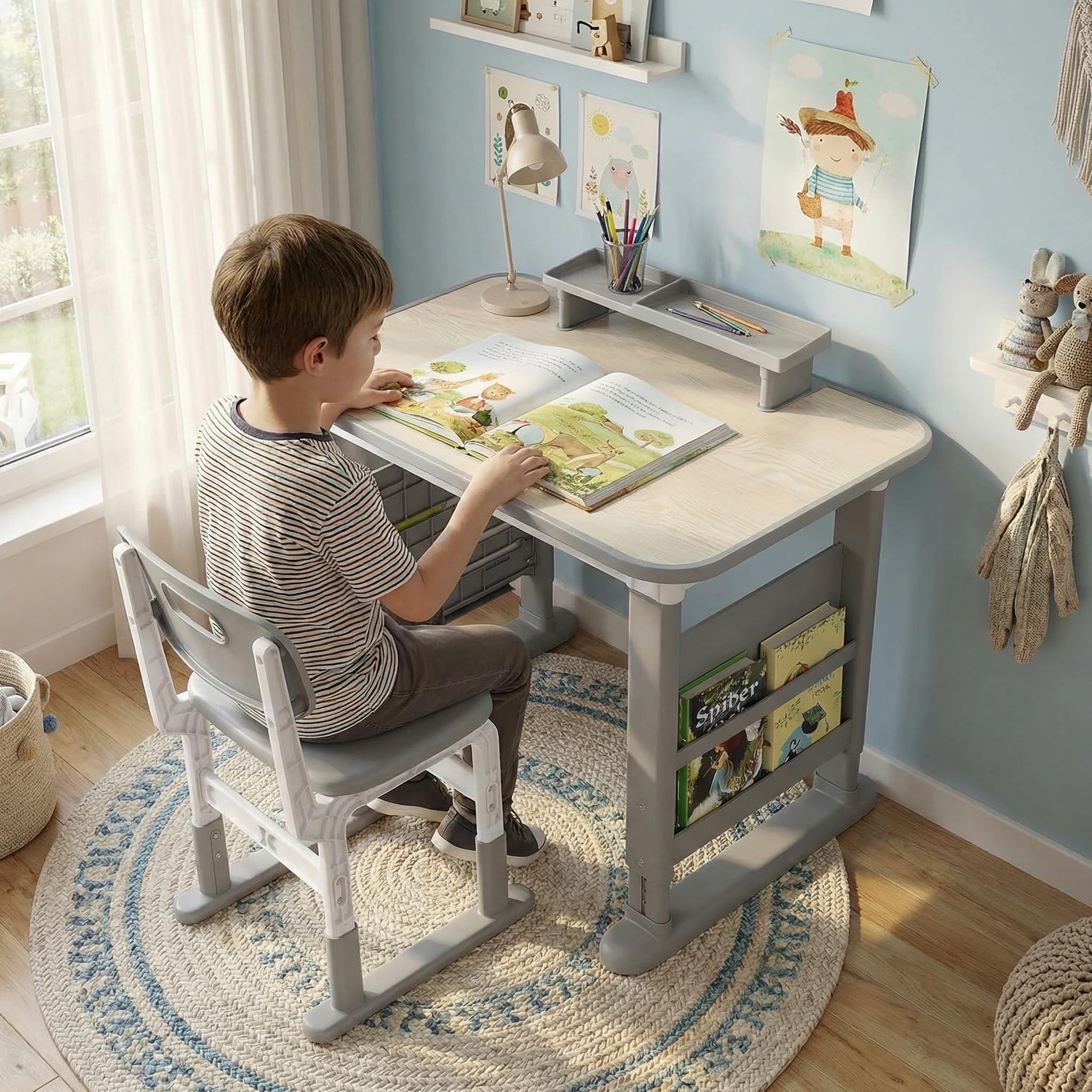 MAMIZO Höhenverstellbarer Kinderschreibtisch mit Stuhl Set, Graffiti-Tisch von 3-12 Jahren, Schreibtisch Kinder mit Seiten-Bücherregal & Ablagekasten, Ideal für Kinderzimmer & Arbeitszimmer (Grau)