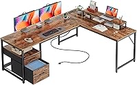 PRAISUN 63" L-Shaped Desk with Charging Station, USB-C Port, Fabric Drawers & Movable Monitor Stand - Rustic Brown Home Office Gaming Desk