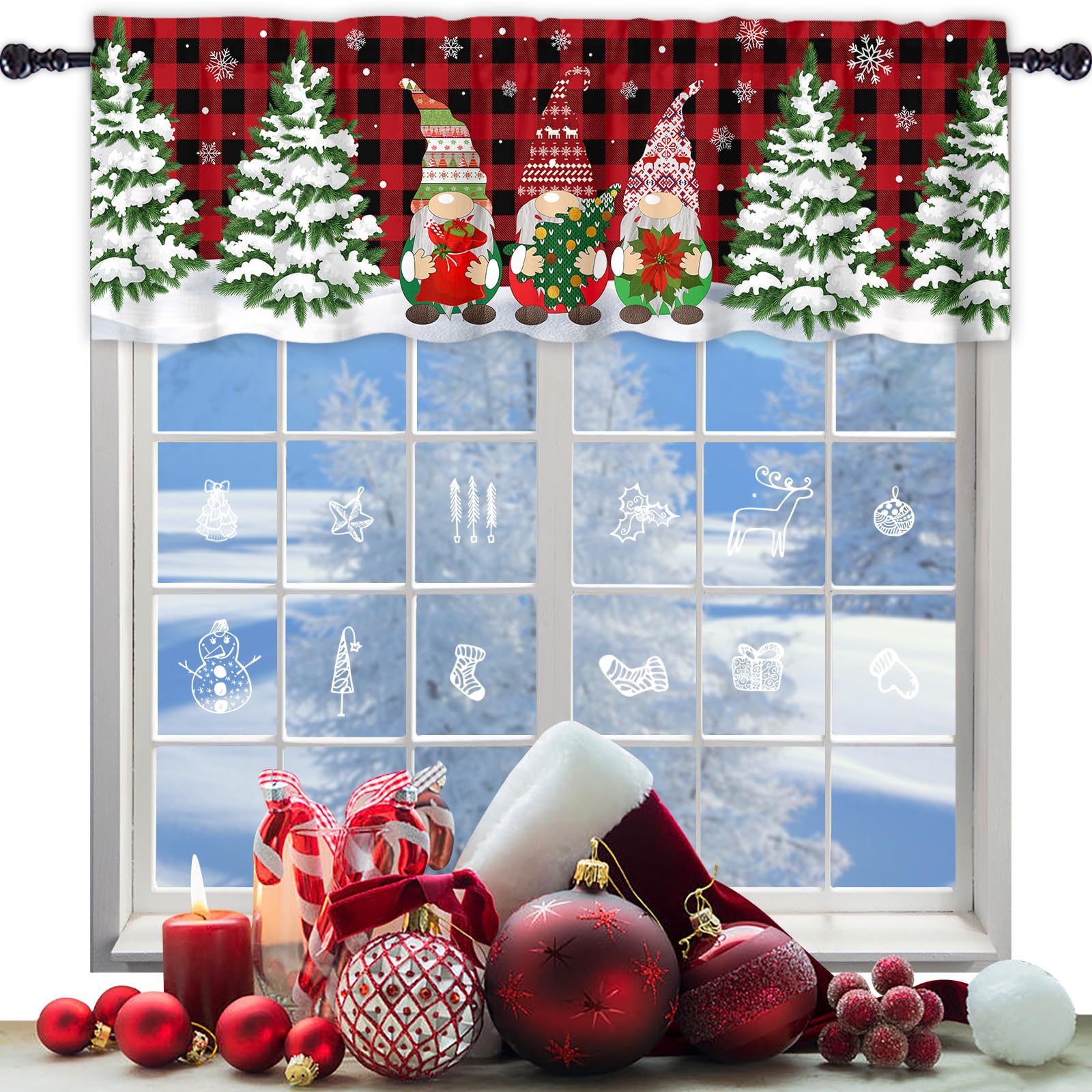 Abaysto Christmas Valance for Windows Christmas Gnome Window Toppers Valances Rod Pocket 1 Panel Xmas Tree Red Buffalo Plaid Window Treatments for Bedroom Kitchen Bathroom 45x137cm - Image 4