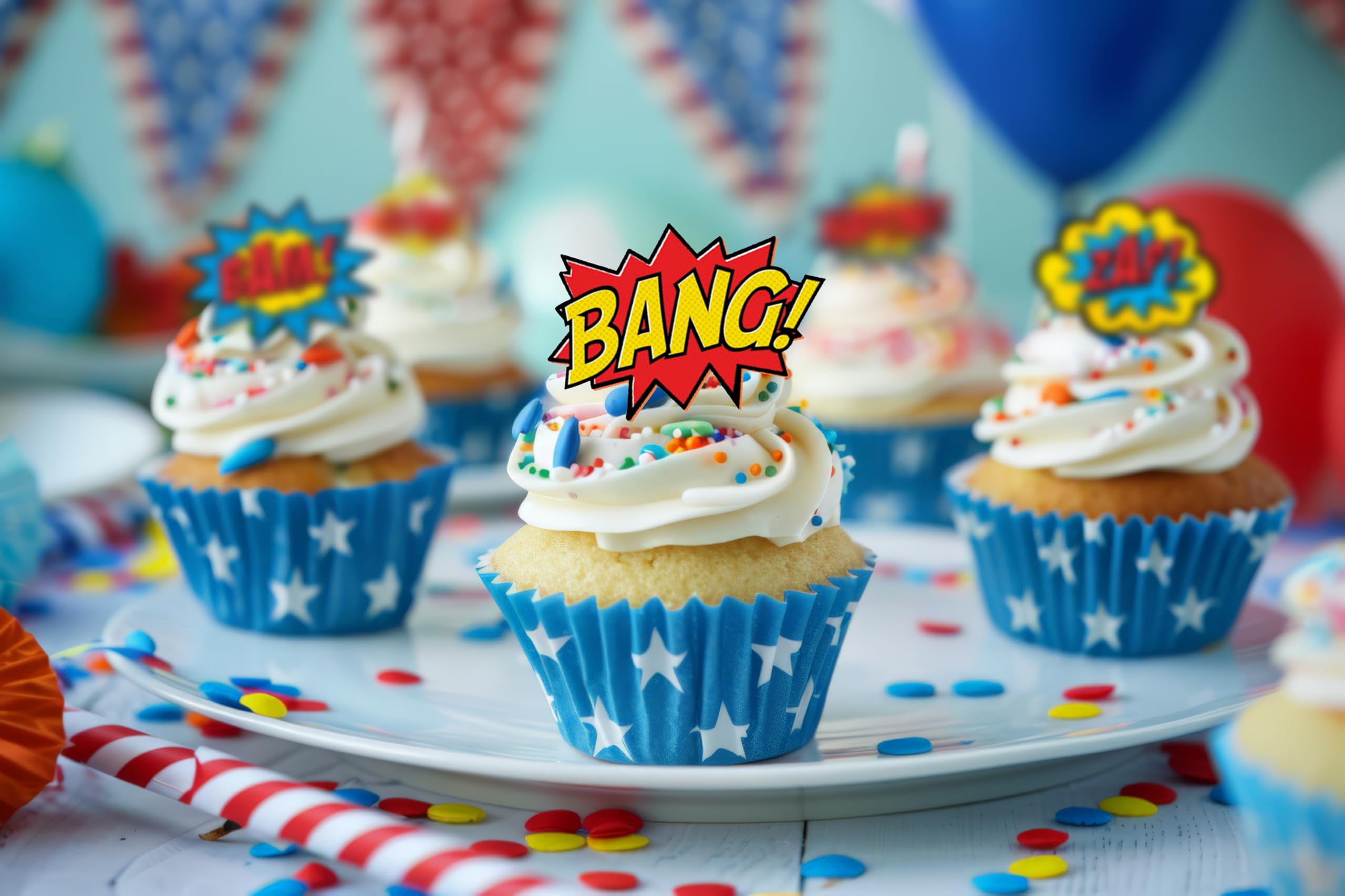 36 Stück Superhelden Cupcake-Topper – Comic-Stil Mit 'Boom', 'Crash', 'Pow' Für Geburtstagspartys