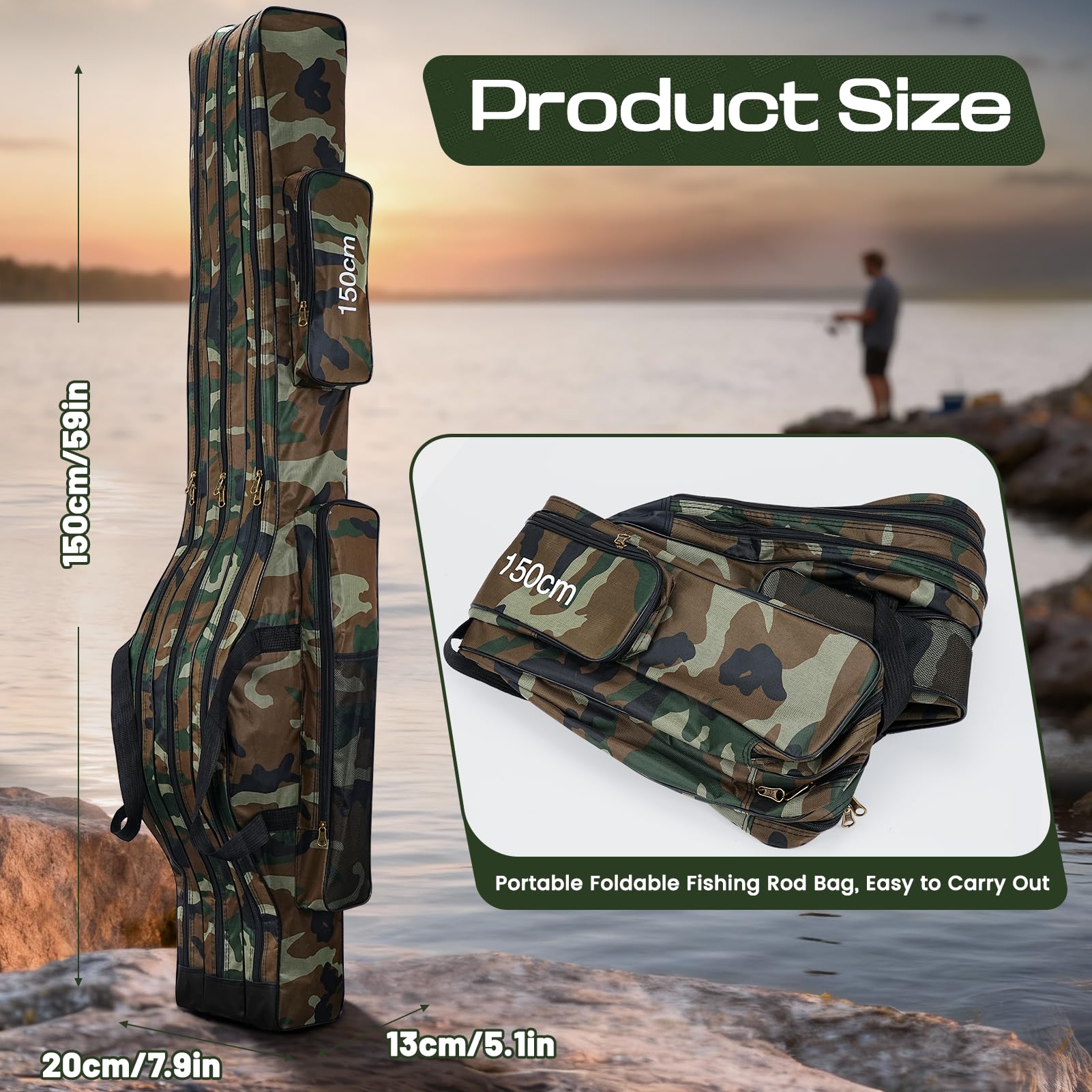 Lomffy Borsa da Pesca Portatile, 150cm Pieghevole Sacca Canna e Attrezzi con 3 Strati Grande capacità Borsa da Pesca Portatile per Canna Impermeabile Custodia per Canna da Pesca - 3