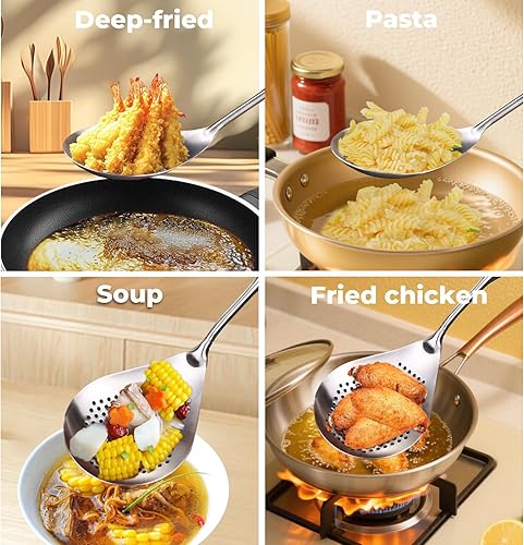 Miniatura 7 de Skimmer - Cuchara ranurada de 16.5 pulgadas pequeña de acero inoxidable 304 para pasta, cuchara para cocinar y freír, cuchara coladora de metal con