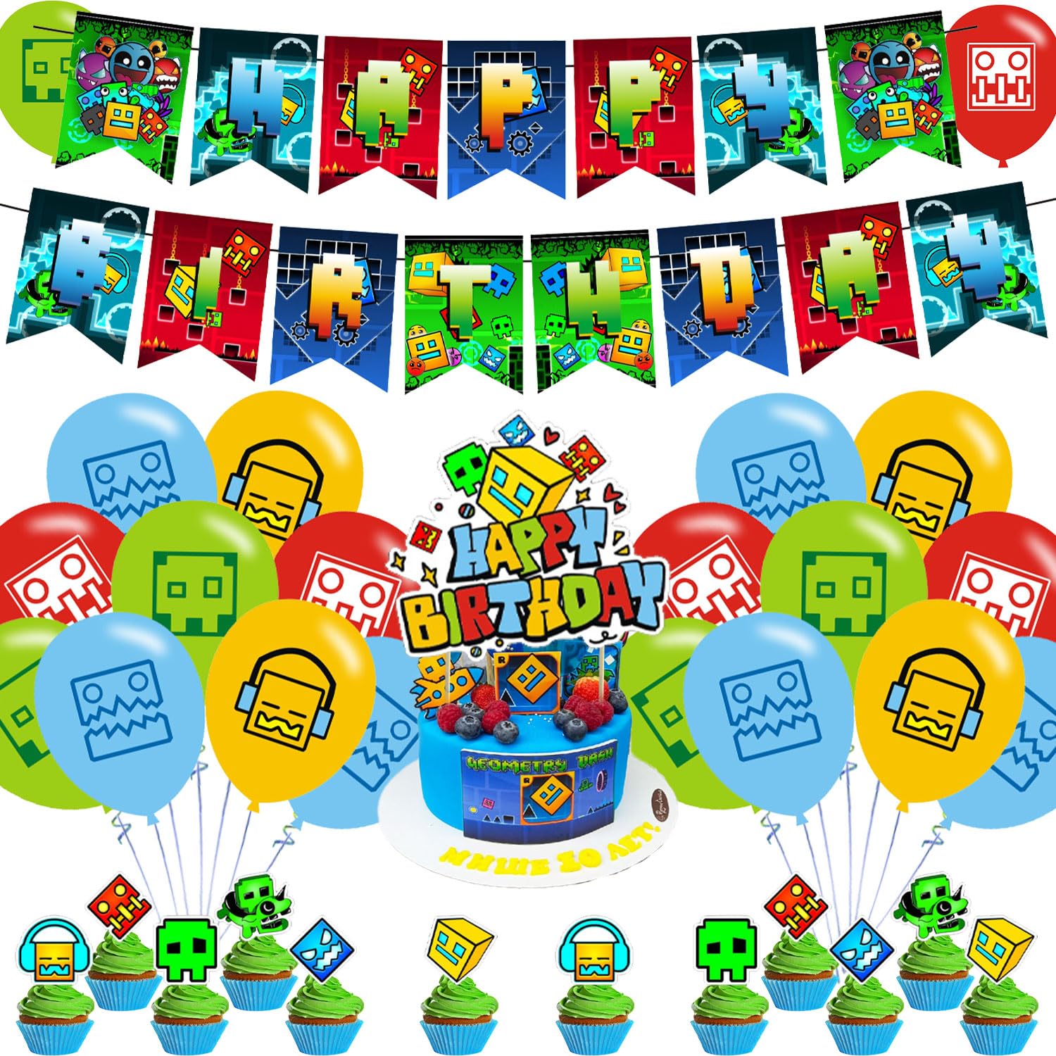 Geometry Dash Party Decorations,Birthday Party Supplies For Geometry Dash Party Supplies Includes Banner - Cake Topper - 12 Cupcake Toppers - 20 Balloons