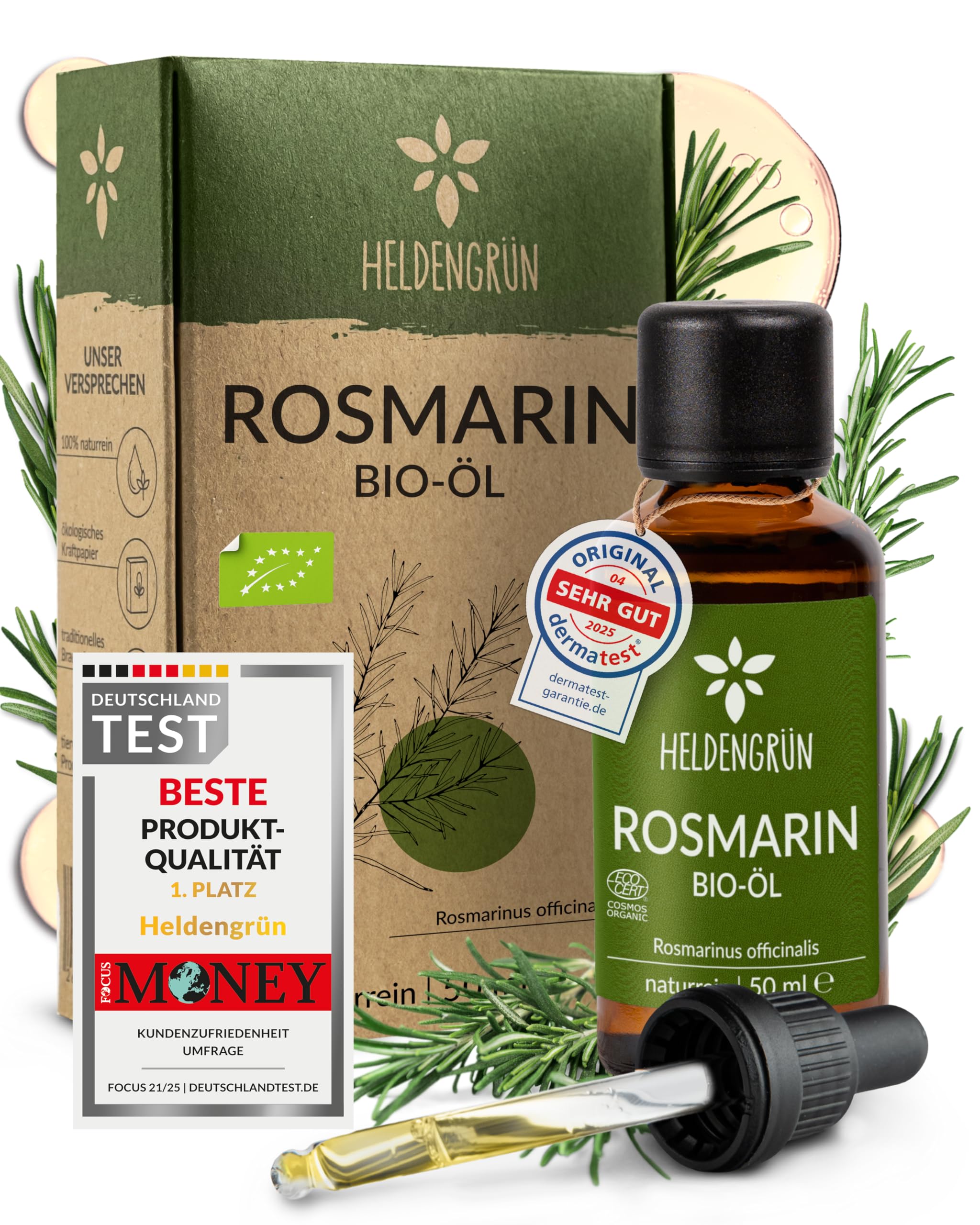 Heldengrün® BIO Rosmarinöl 50 ml [Inkl. PIPETTE] Natürlicher Haar-Booster - 100% naturreines Rosmarin Öl für Haare & Kopfhaut - Haaröl Rosmarinöl Haare