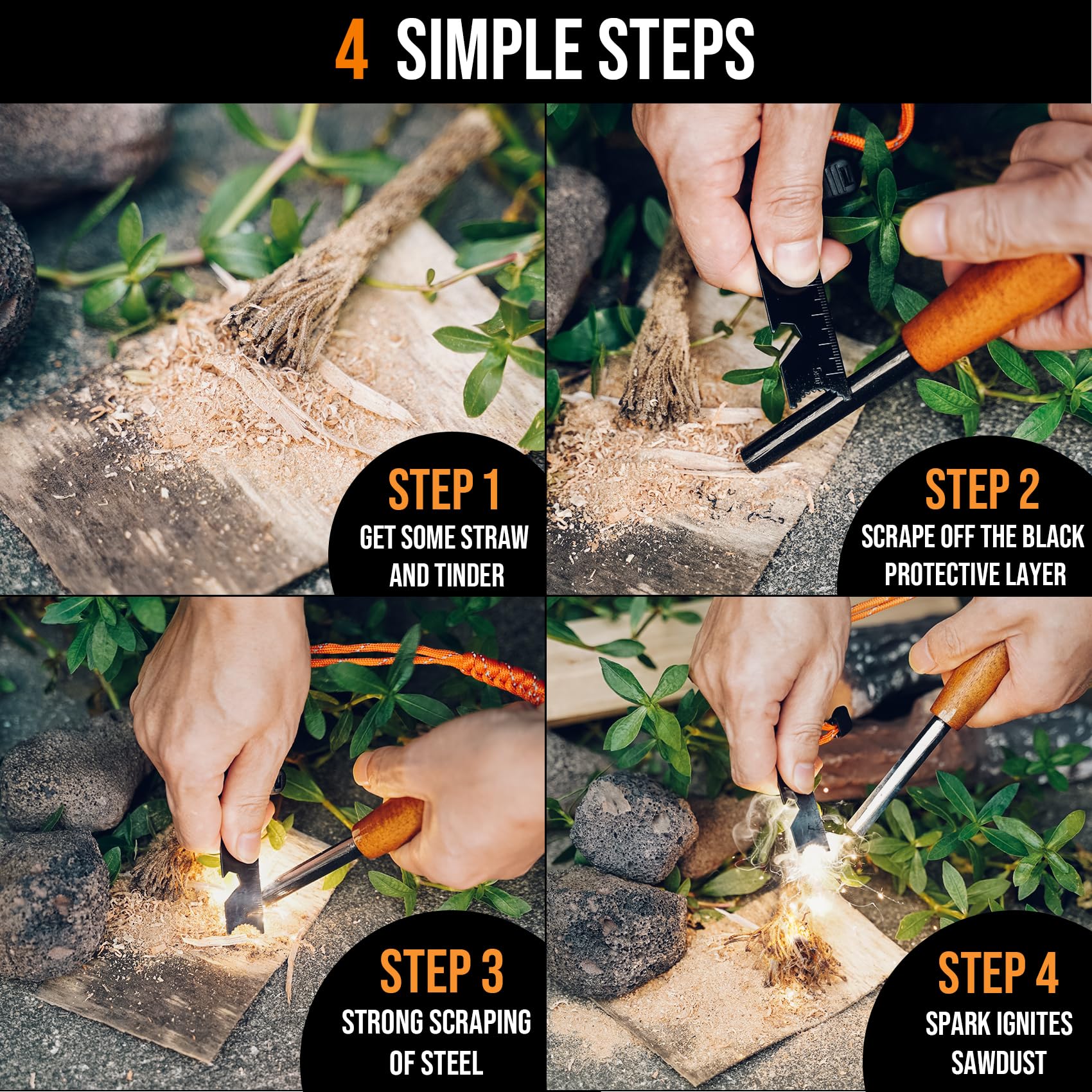 Feuerstarter Survival Tool, Ferro Rod Kit mit Striker, Paracord Handgelenk Lanyard, Holzgriff, Zunderdocht, Tasche, wasserdichter Feuerstein und Stahl Feuerstarter für Camping, Wandern und