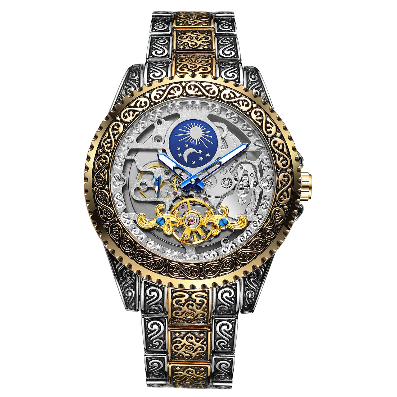 Orologio da polso automatico meccanico da uomo, scheletrato, con incisioni, stile vintage casual, cinturino in acciaio, lancette luminose