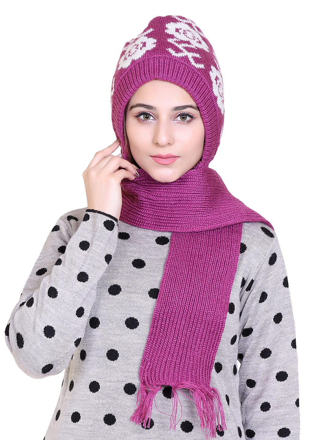 GajrajWomen's Soft Knitted Winter Warm Woolen Cap with Woolen Lovely Muffler|Fur Cap with Muffler