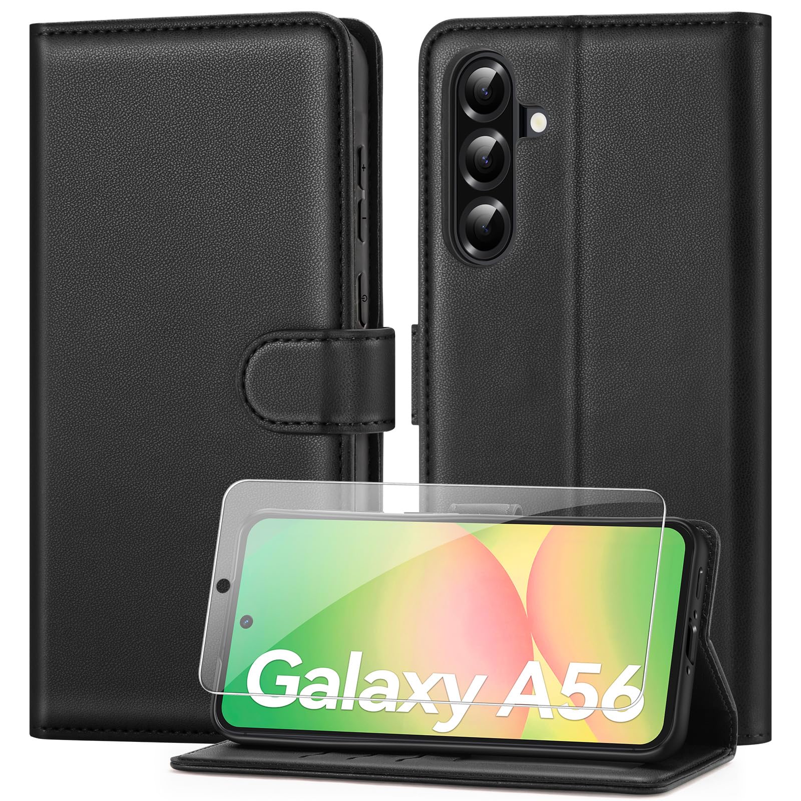ivencase Cover per Samsung Galaxy A56 5G con Vetro Temperato [Premium Pelle] [Funzione Stand] Slot Scheda Antiurto Magnetico Wallet Flip Case Protettiva Custodia per Samsung Galaxy A56 5G, Nero