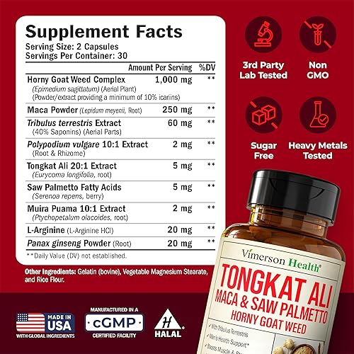 Miniatura 3 de HornyGoatWeed para hombres (1000 mg por porción), suplemento potenciador masculino con raíz de maca, Tongkat Ali, Saw Palmetto, Panax Ginseng