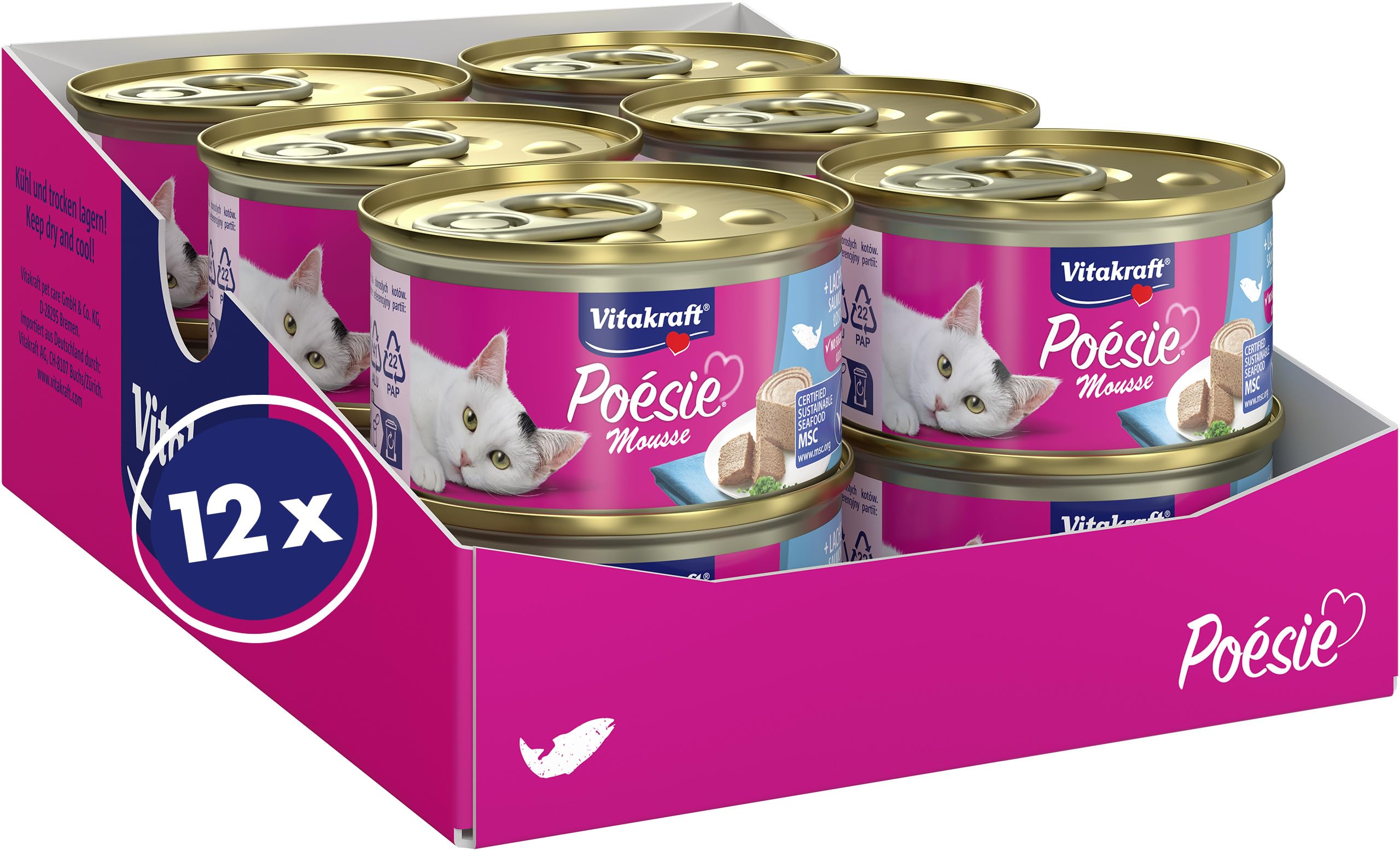 Vitakraft Poésie Mousse, Nassfutter Katze, luftige Mousse, mit Lachs, ohne Zusatz von Zucker und Getreide (12x 85g)