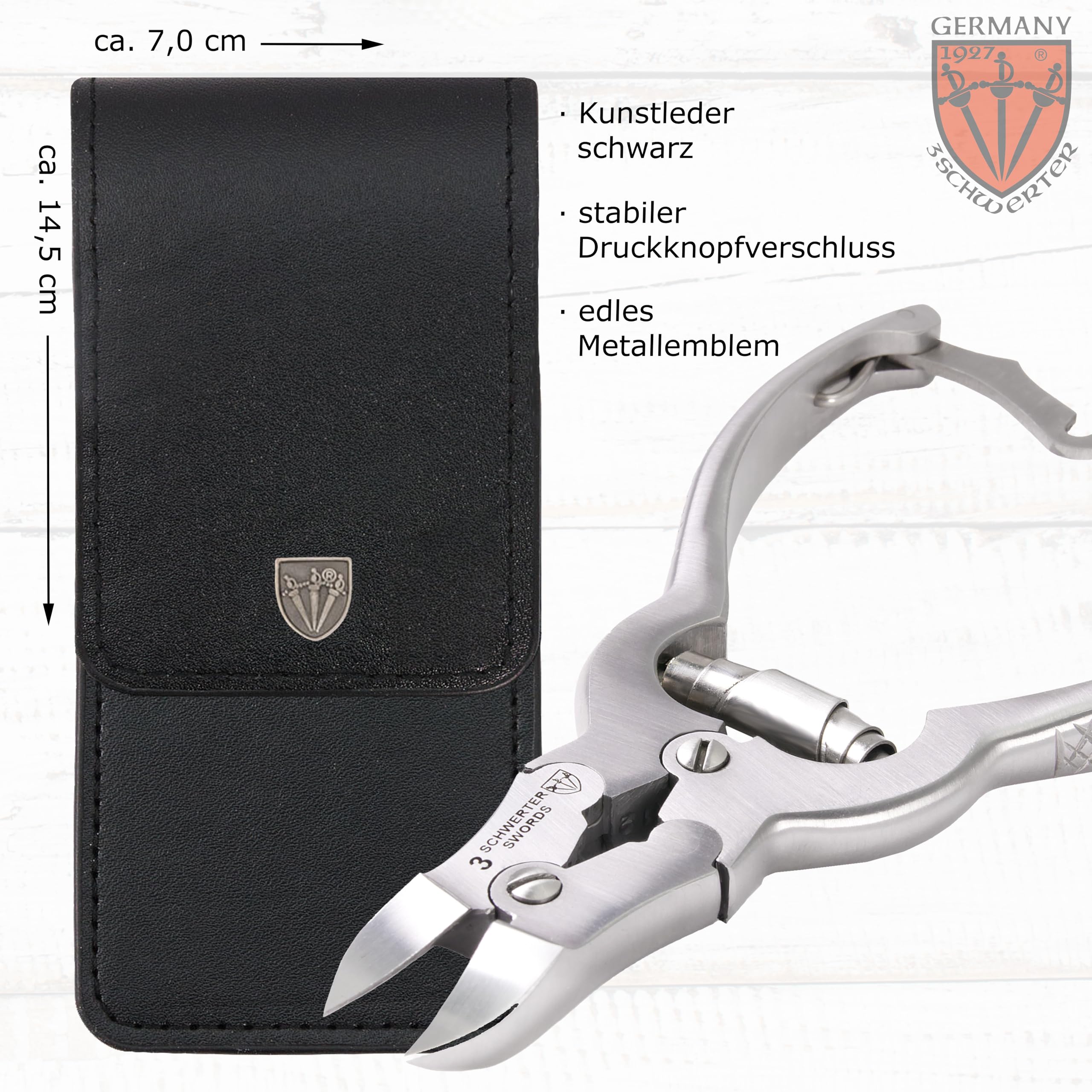 DREI SCHWERTER Stabile Nagelzange Fußnagelzange Pedikürezange 14,5 cm aus rostfreiem Edelstahl für die Pediküre im Kunstlederetui - Markenqualität