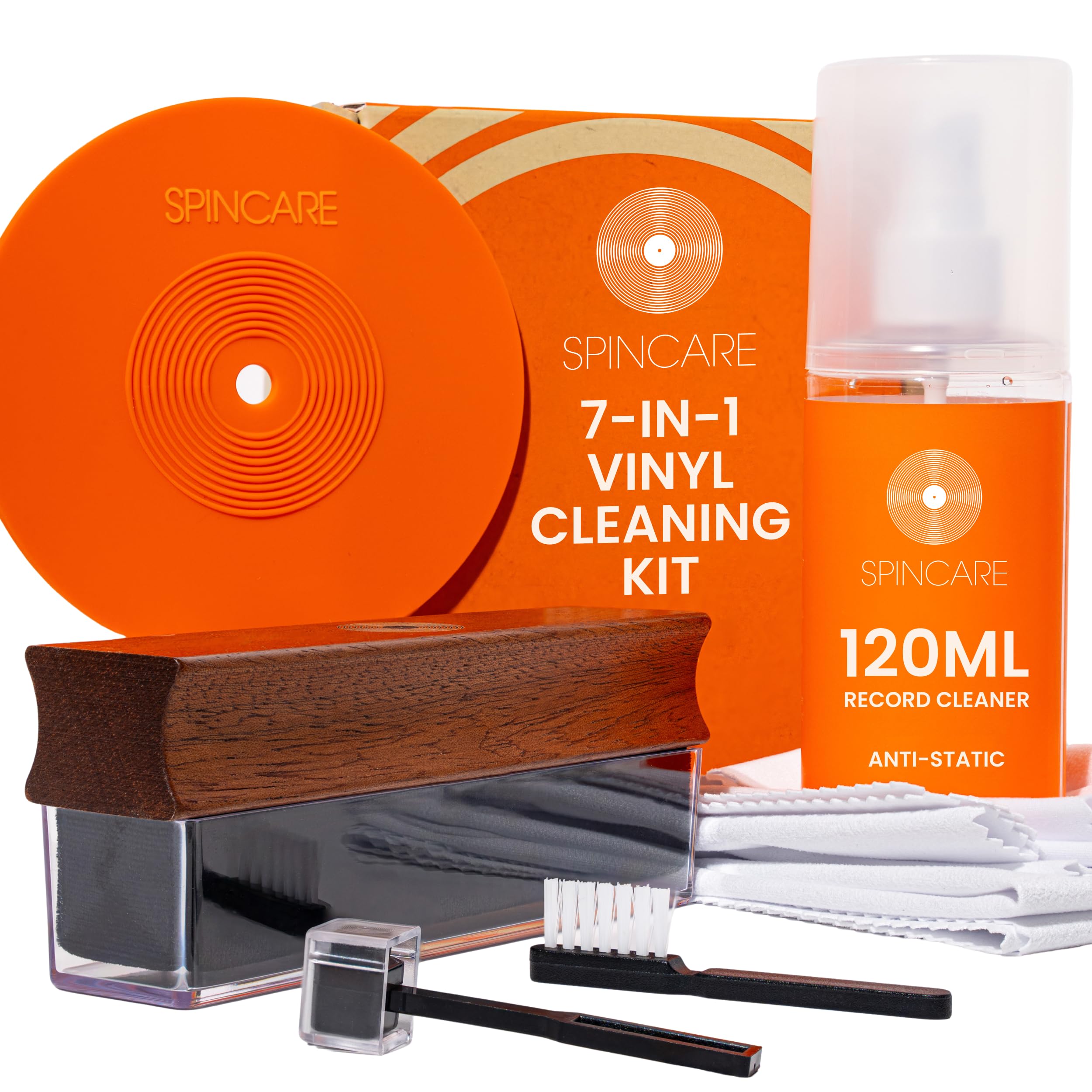 SPINCARE Kit Nettoyage Vinyle 7-en-1 Brosse Velvet avec Manche en Bois et Couvercles Antipoussière | Solution 120 ML pour Vinyles | Brosse Stylus | Protecteur d’Étiquette | Chiffons Microfibre