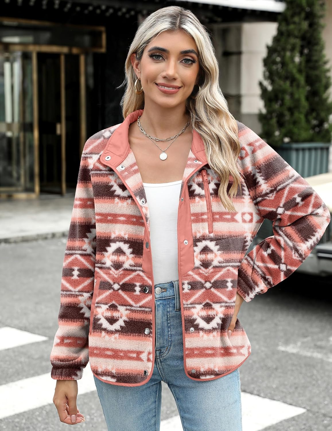 Zeagoo Women's Cozy Fleece Jacket Western Aztec Print Snap Button Down Coat with Pockets Casual Warm Outwear 2026