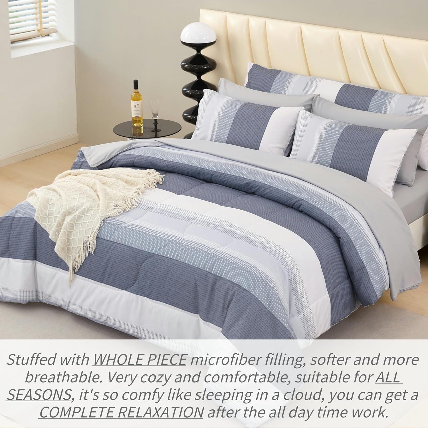 RYNGHIPY Full Size Bed Sets 8 Pieces: Light Grey Stripe Bedding Comforter Sets Soft Fluffy Microfiber Bed in A Bag All Season Bedding Set (Full,Light Grey) - Image 4