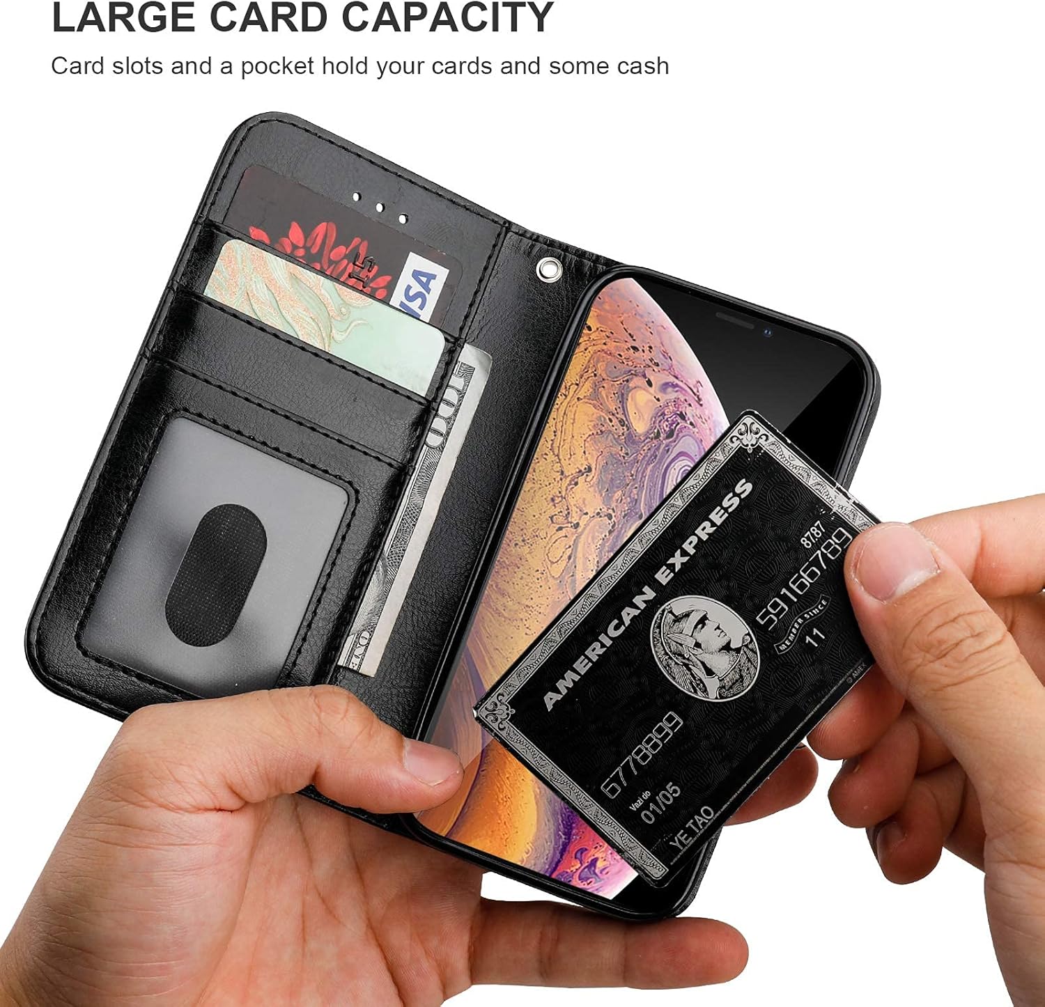 Bocasal for iPhone Xs/X Wallet Case with Card Holder PU Leather Magnetic Detachable Kickstand Shockproof Wrist Strap Removable Flip Cover for iPhone Xs for iPhone X 5.8 inch (Black)