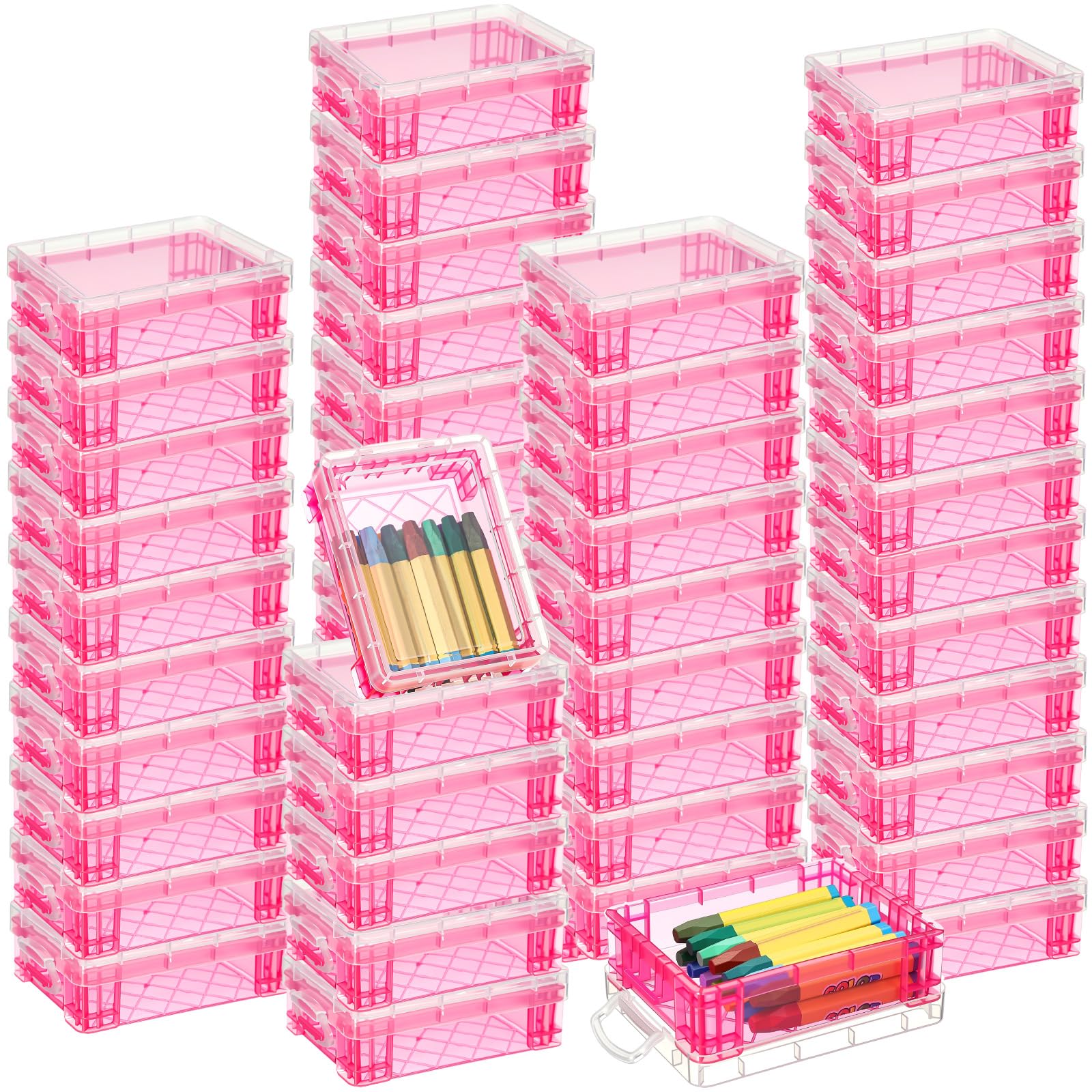 Boîtes à crayons en plastique transparent avec couvercles rose x50 - 2