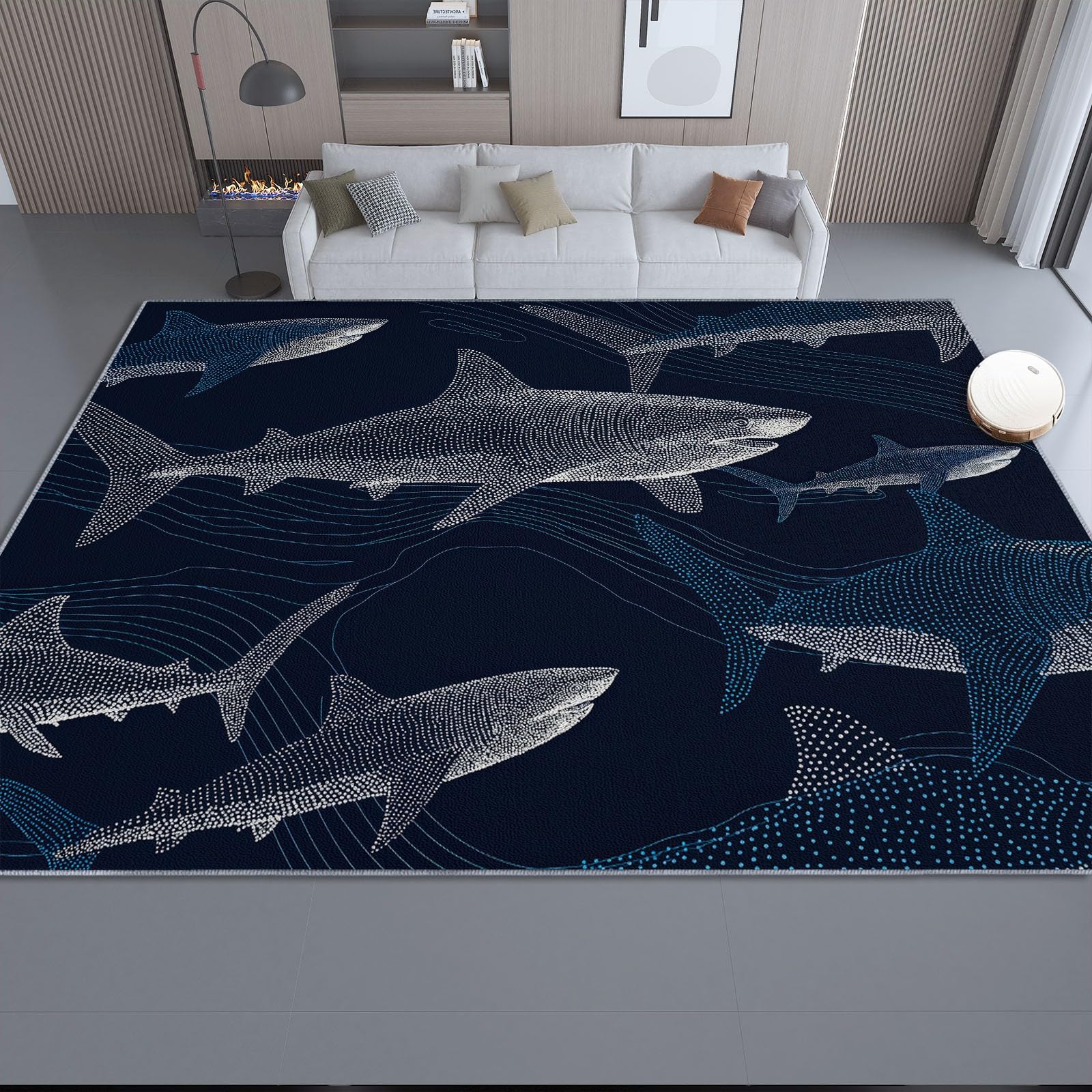 Generisch Dunkelblau Teppich Wohnzimmer 160 x 230 cm, Waschbare Teppiche Minimalismus Digitale Kunst Fische Design Teppich mit Rutschfester Rückseite für Eingang, Flur und Korridor, Büro