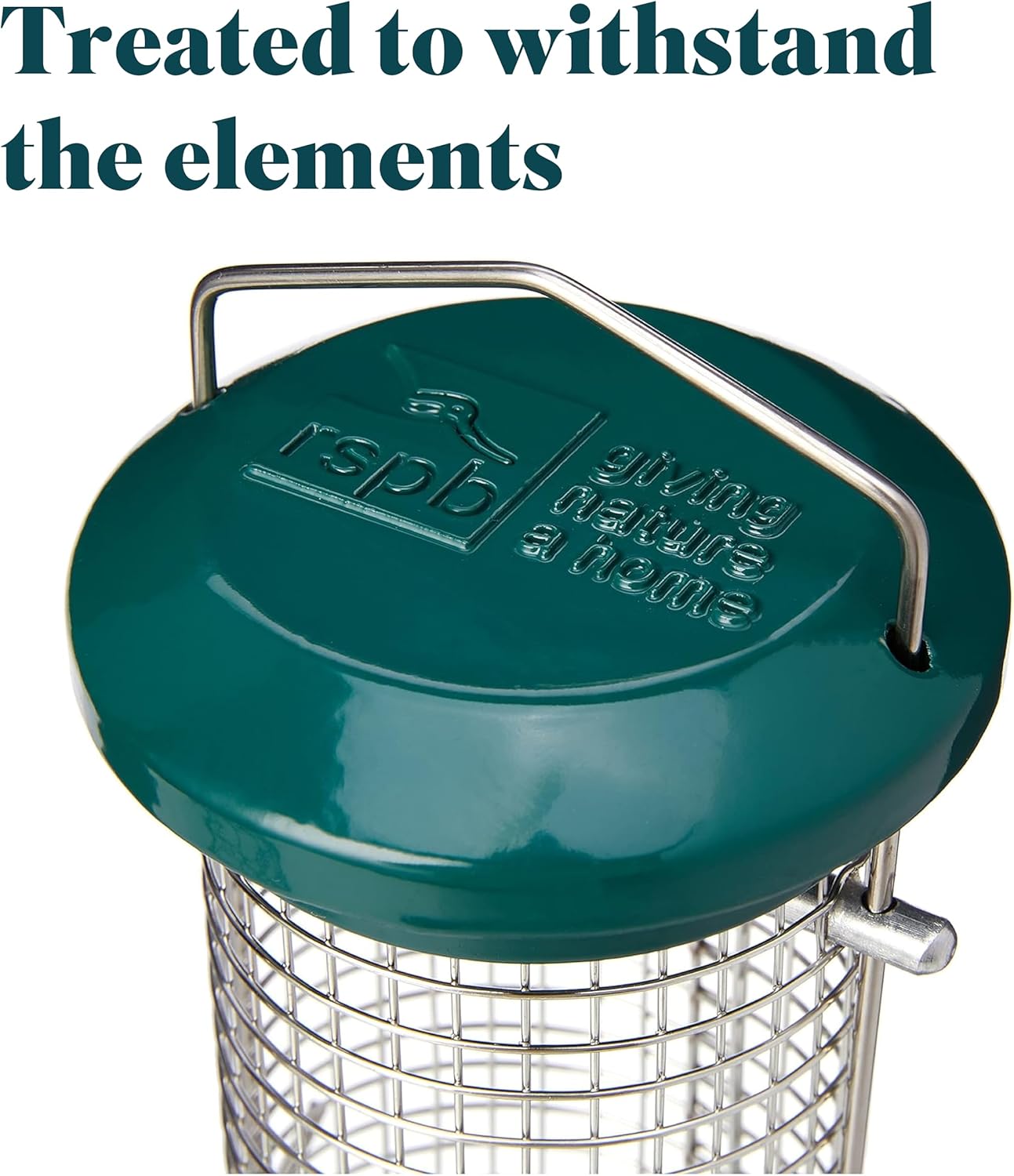 RSPB Hanging Wild Bird Squirrel Proof Peanut Feeder, in Metal, Heavy Duty for Outdoor & Garden Use,Green