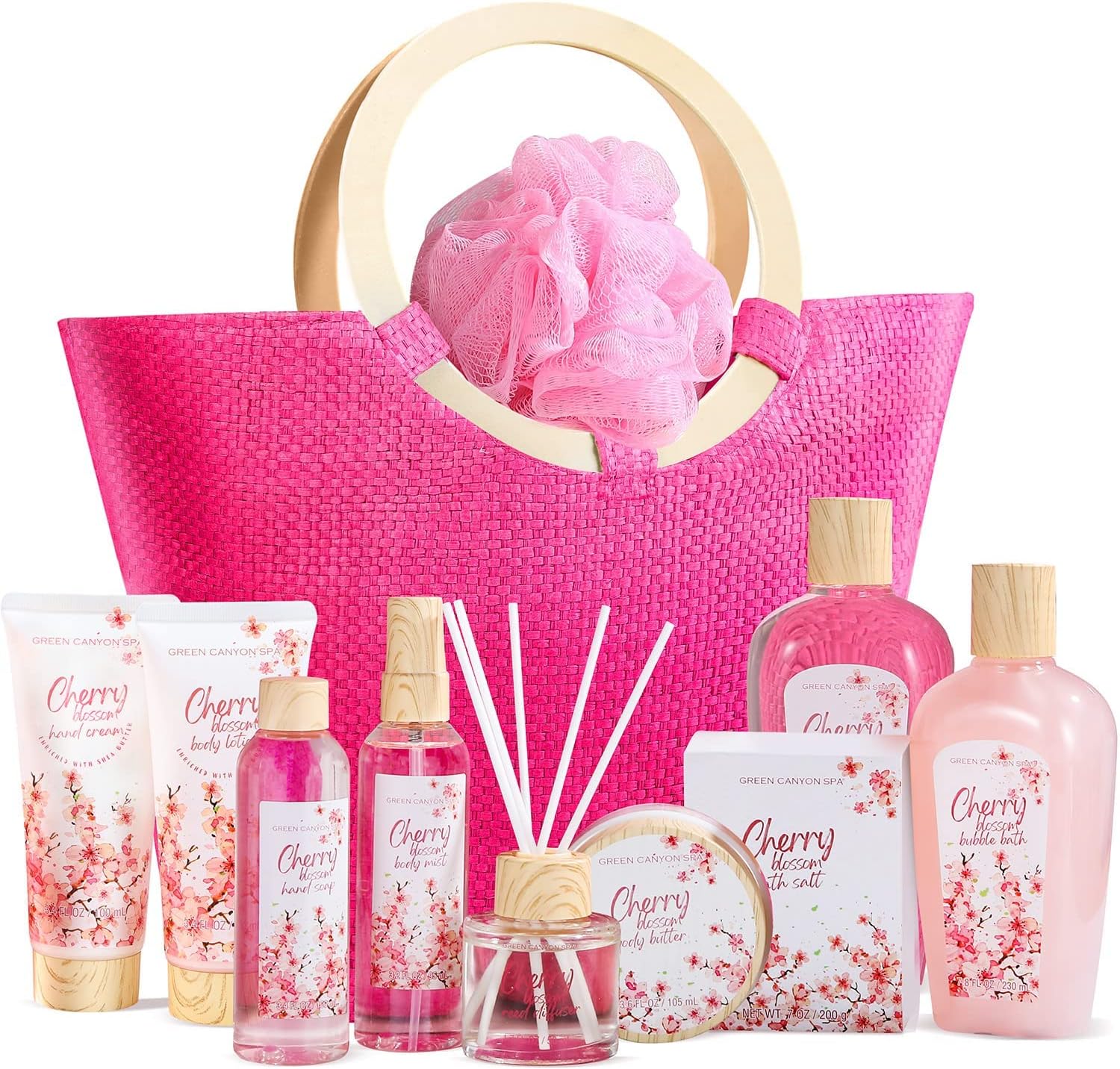 Bath Gift Sets for Women- Luxury 11pcs Spa Gift Baskets with Cherry Blossom Scent Shower Gel, Body Lotion, Reed Diffuser and More in Pink Tote Bag, Great Women Gift Idea for Birthday Christmas
