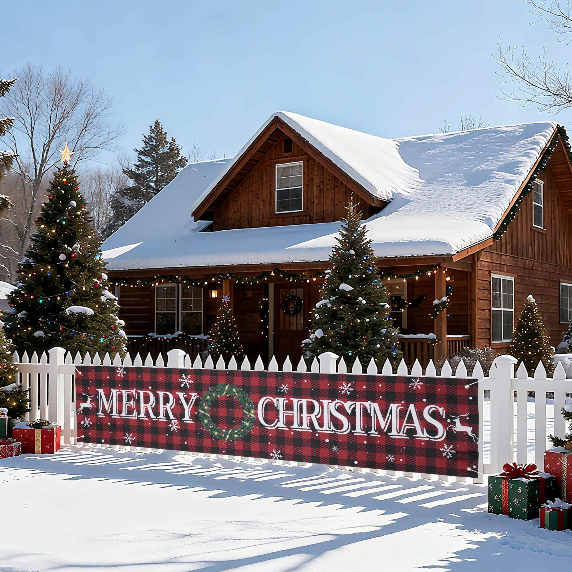 Gyrodymix Merry Christmas Banner 5.9x1.3ft Large Outdoor Christmas Decorations Red&Black Buffalo Plaid with Wreath Xmas Holiday Yard Sign for Fence Lawn Home Party Decor