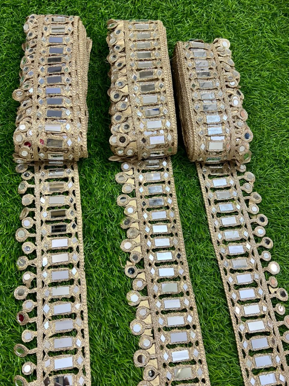 (2 Meter) Gold Mirror Work Lace Border Roll for Saree, Dupatta & Dress Decoration raund (2.5 Inch Width) Gold raund squer Mirror-image-21