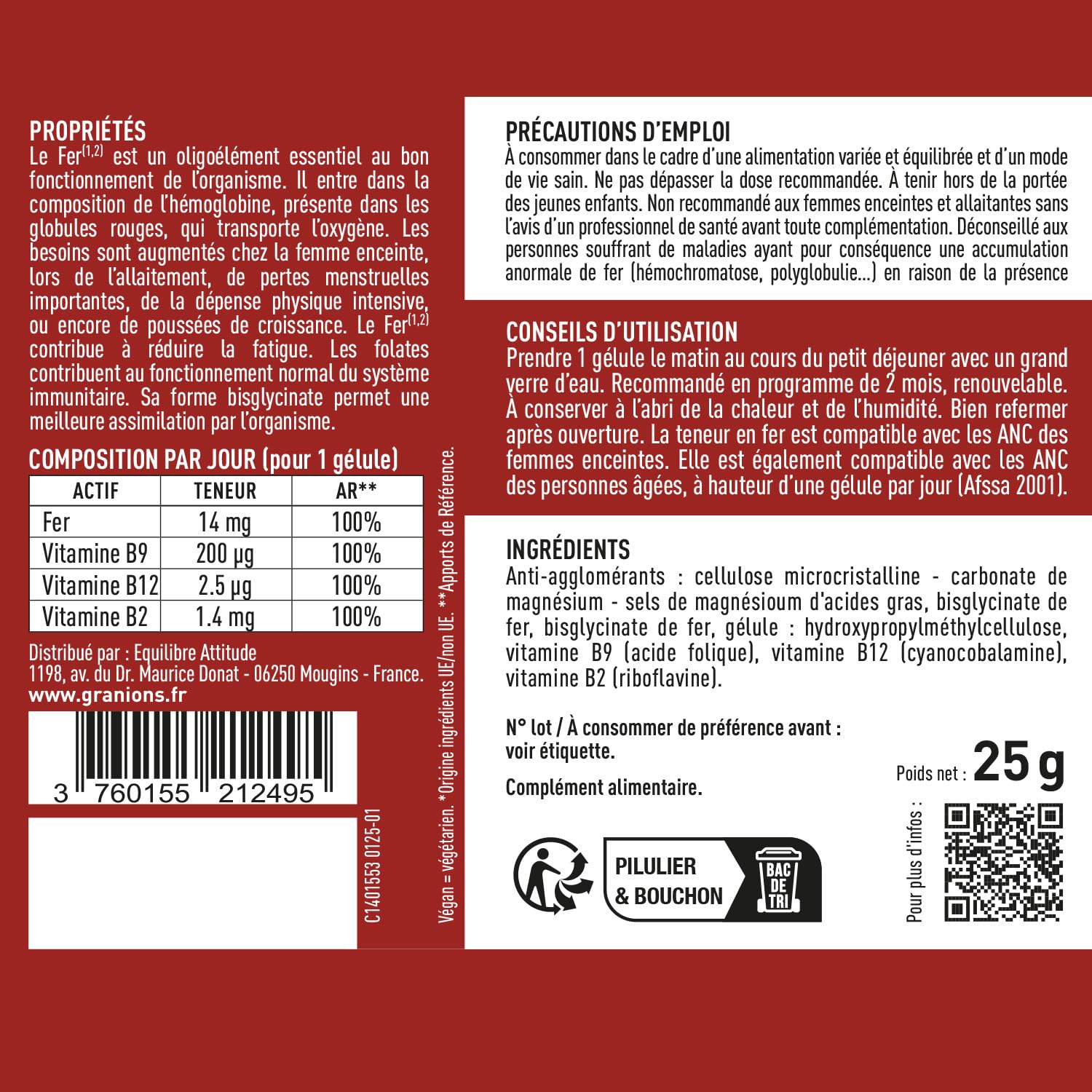 FER BISGLYCINATE 14 mg GRANIONS Immunité et Energie + Vitamines B – Bisglycinate de Fer – Fer Bisglycinate Biodisponibilité Optimale - Femmes Enceintes – 60 Gélules Format 2 Mois –Fabriqué en France