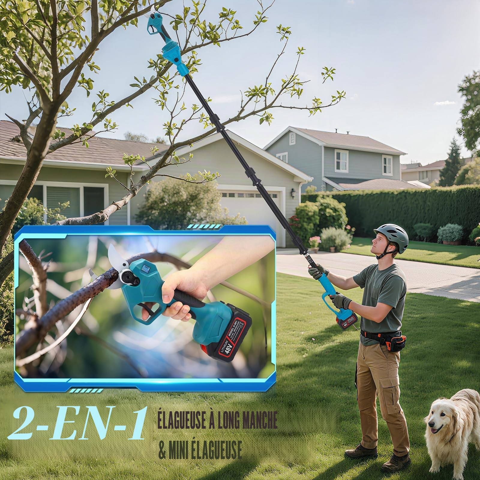 Élagueuse sur perche sans fil 2-en-1 | Perche télescopique de 2,3 m | Écran LCD | 2 batteries 21 V 3,0 Ah | Diamètre de coupe de 40 mm | Compatible Makita | Élagueuse sans fil (2 IN 1)