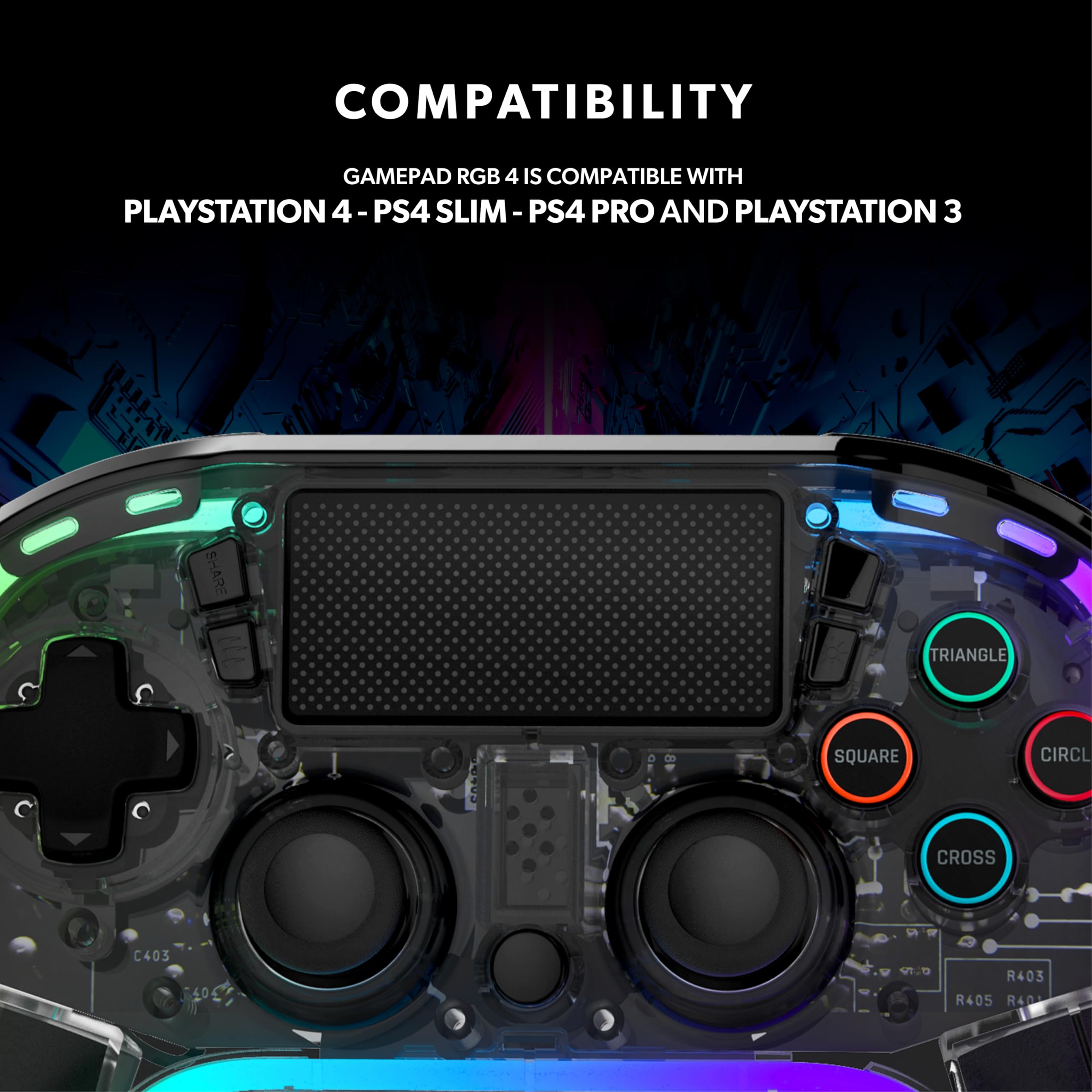 Snakebyte GAMEPAD RGB 4 - transparenter Wireless Controller für PlayStation 4, einstellbare RGB-Beleuchtung, starker Akku, belegbare Zusatztasten