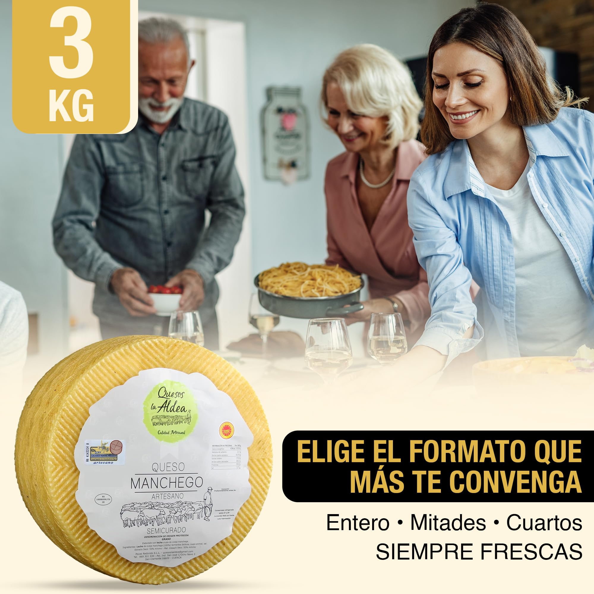 Queso Manchego Artesano Semicurado 3 kg Leche de Oveja D.O. La Mancha Gourmet Regalo