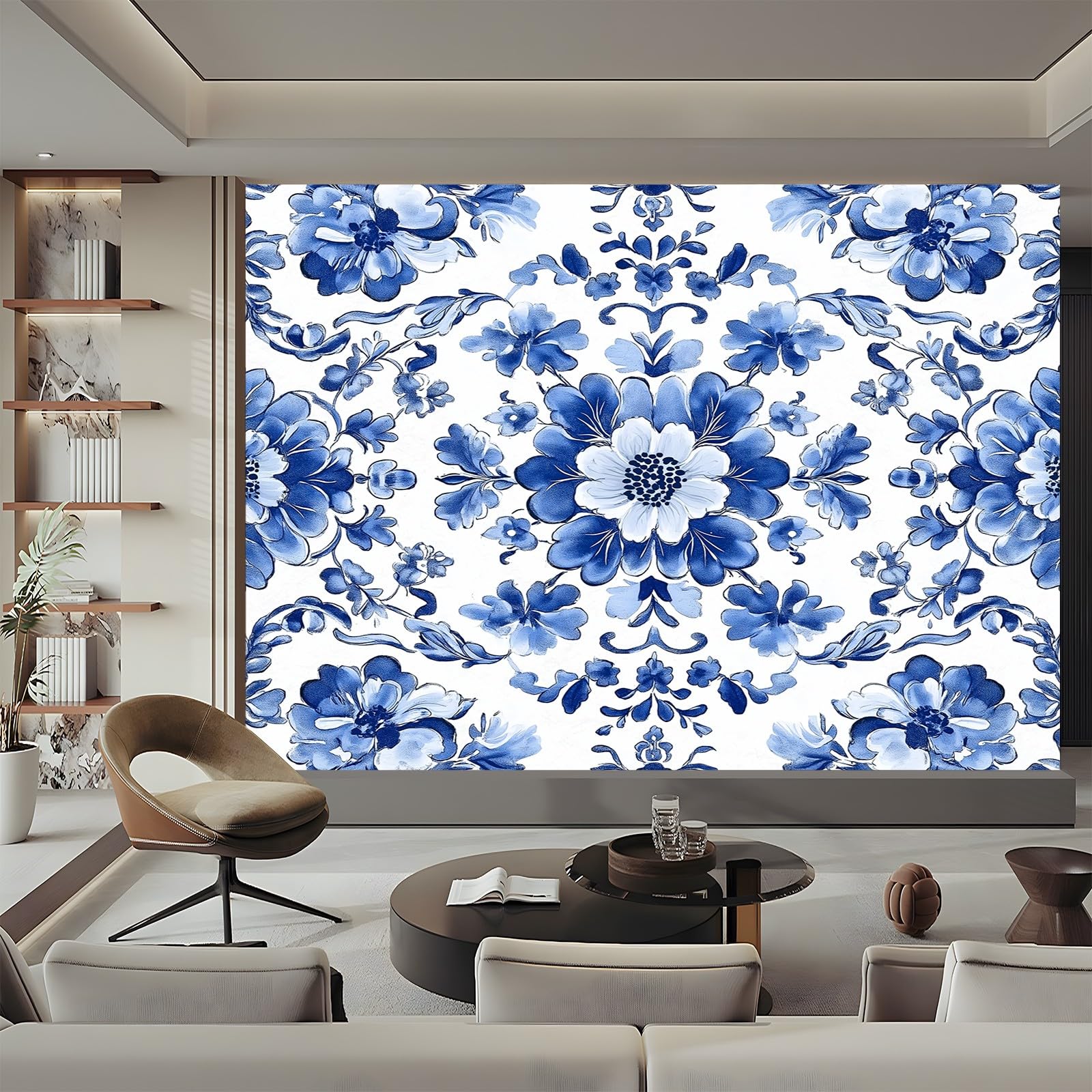 Tapety radition kwiaty orientalny styl niebieski biały 300 x 210 cm (szer. x wys.) , fototapety z włókniny nowoczesne tapety, plakat z efektem 3D wodoodporne malowidła ścienne do kuchni łazienki