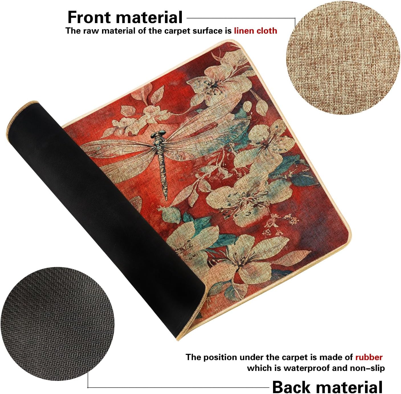 Spring Floral Door Mat, Red Dragonfly Doormat for Outdoor & Indoor Entrance Rustic Decor, Rubber Waterproof Non-Slip Dust Absorbent Front Doormat, Easy Clean 29x17 Inch