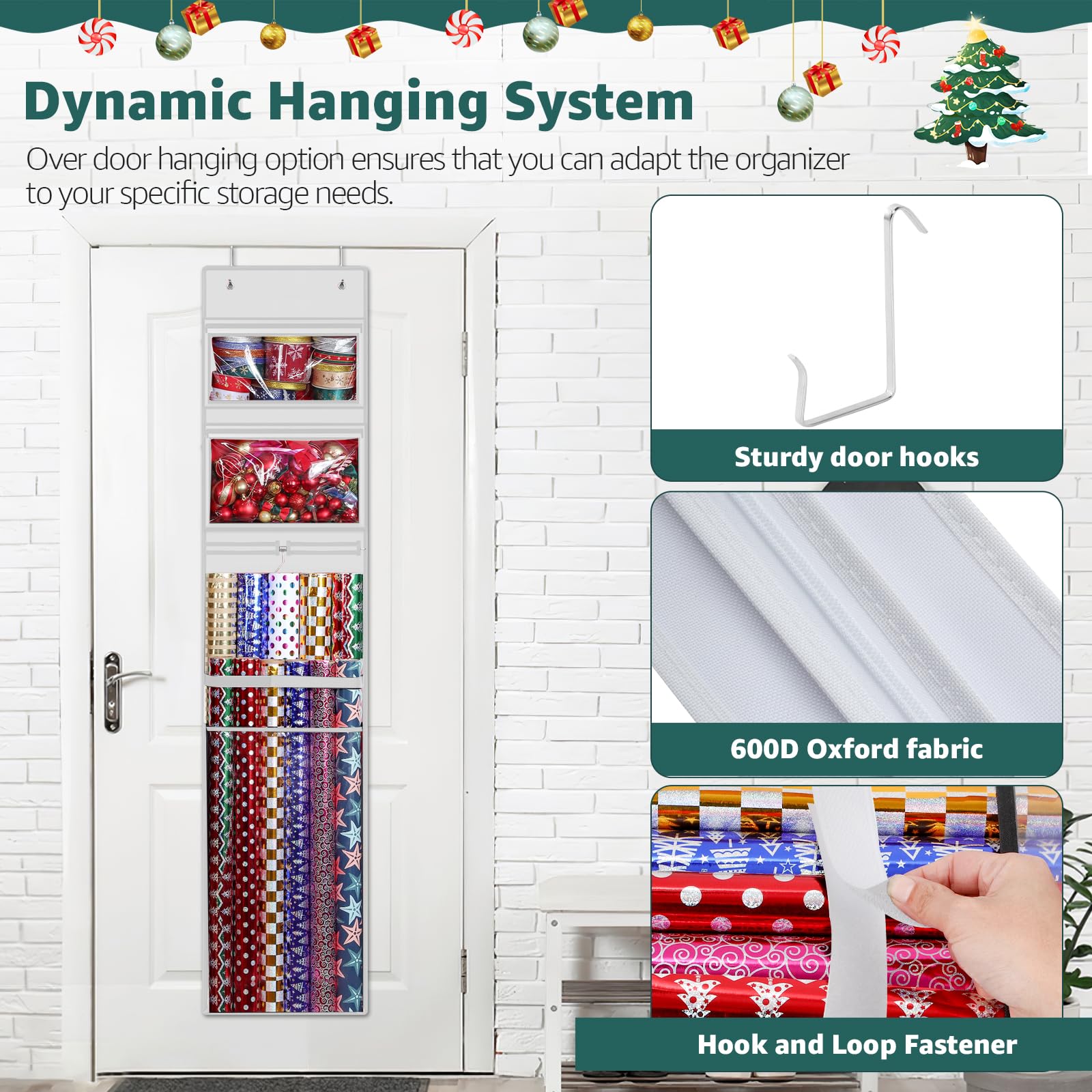 Woodoulogy Inpakpapier Organizer Opslag, Dubbelzijdige Opknoping Gift Wrap Roll Houder voor Kerstmis, 160 x 33 cm Over Deur Present Bag Container voor Kamer Kast, Wit Wrapper Station voor Verjaardag