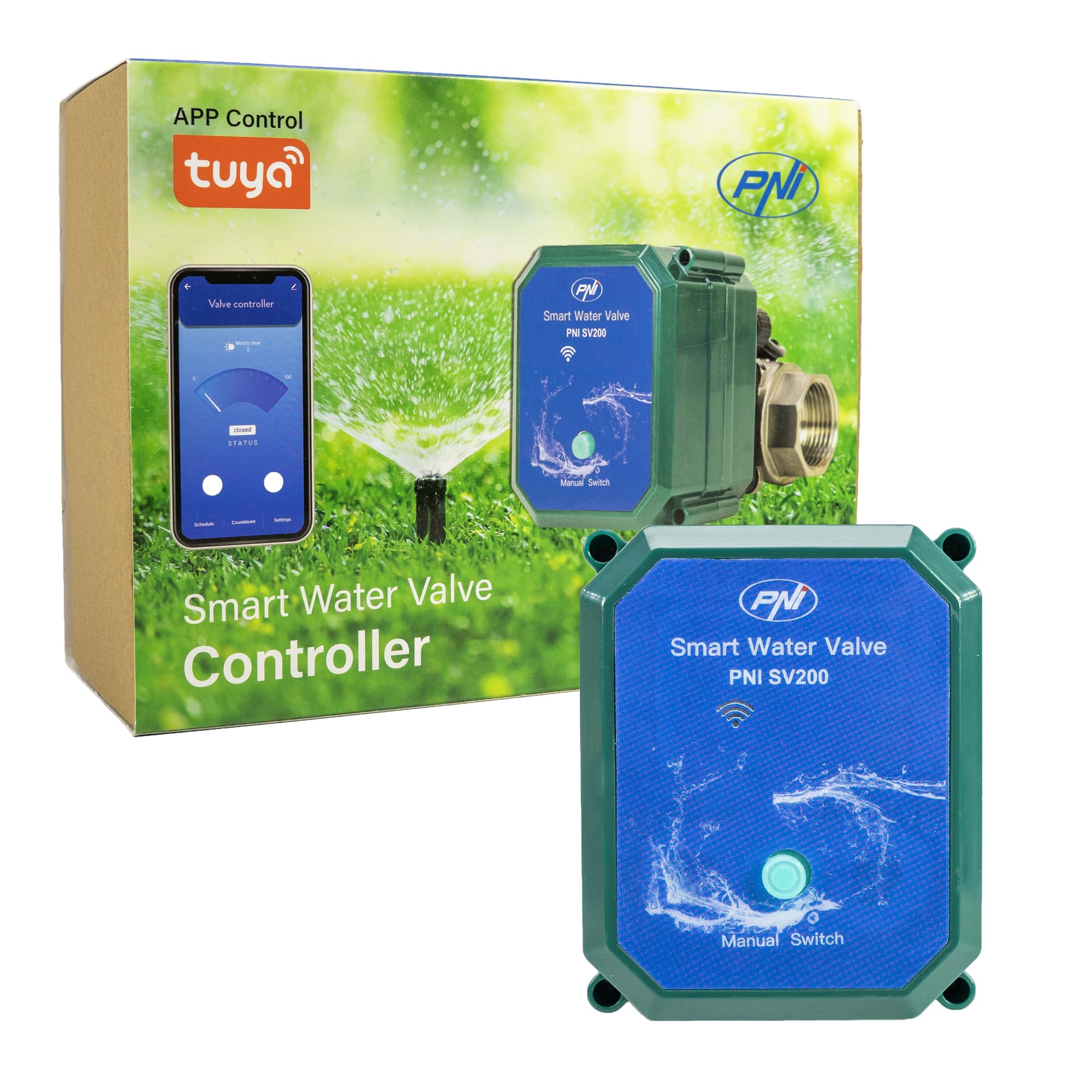 PNI Válvula de agua inteligente PNI-SV200 SV200, conectividad Wi-Fi, IP65, DN20, aplicación Tuya 3/4, compatible con Amazon Alexa y Google Home, color verde