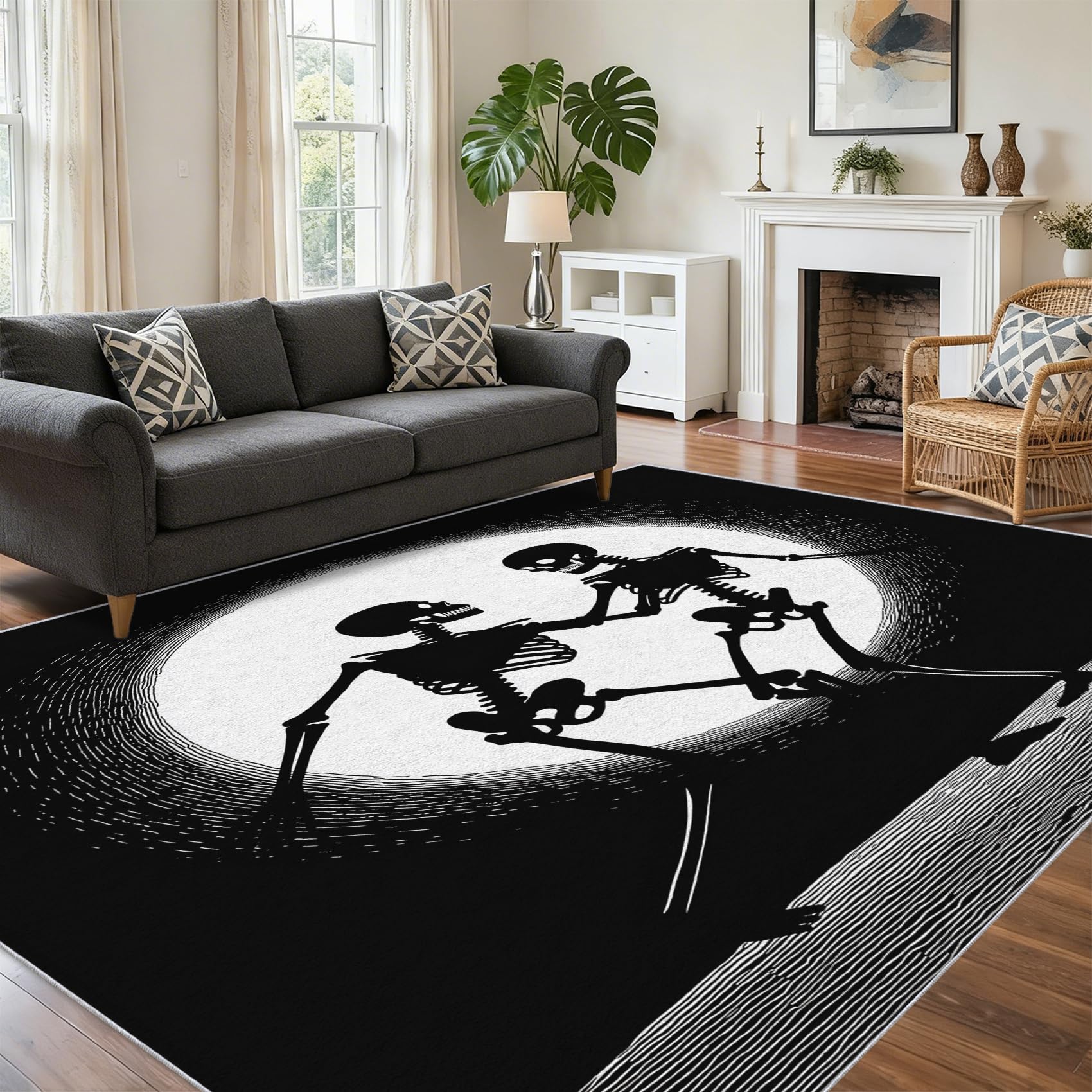 Tapis de salon gothique squelette lune 180x200 grand tapis lavable doux et antidérapant