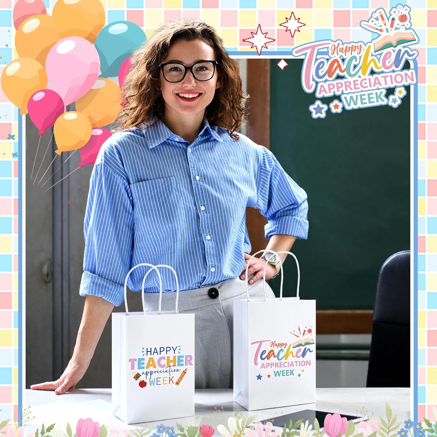 Tinlade 60 Pcs Teacher Appreciation Gift Bags Bulk Happy Teacher Appreciation Week Paper Bags with Handle Colorful Thank You Party Supplies for First End of The School Year Employee Staff